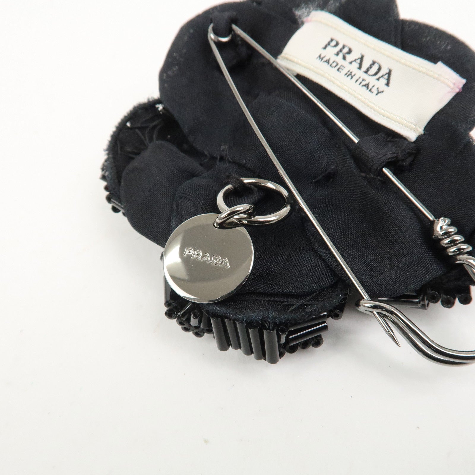 PRADA Beads Organdy Brooch Flower Silver HDW Black P7428R