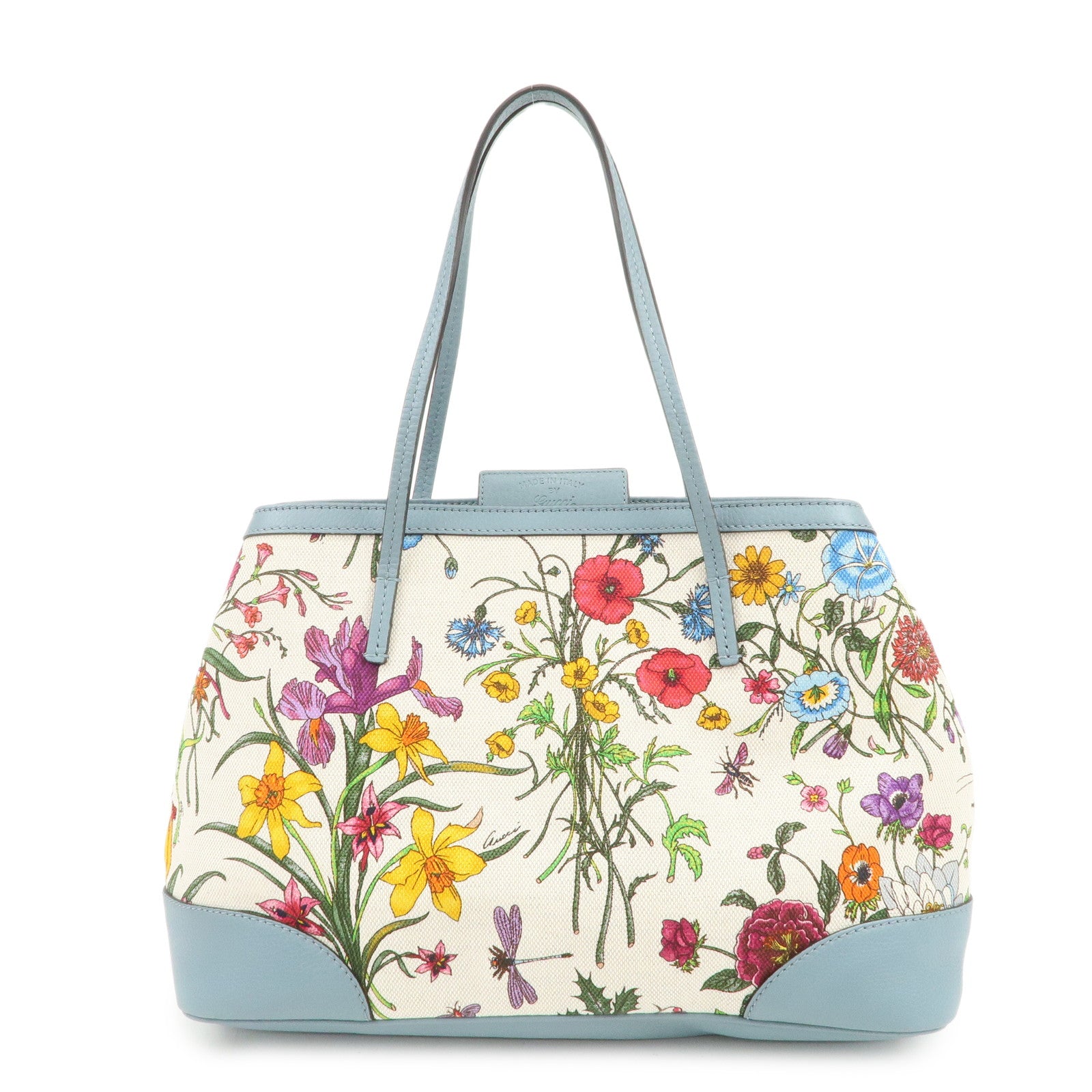 GUCCI Flora Canvas Leather Tote Bag Hand Bag Natural Blue 358470