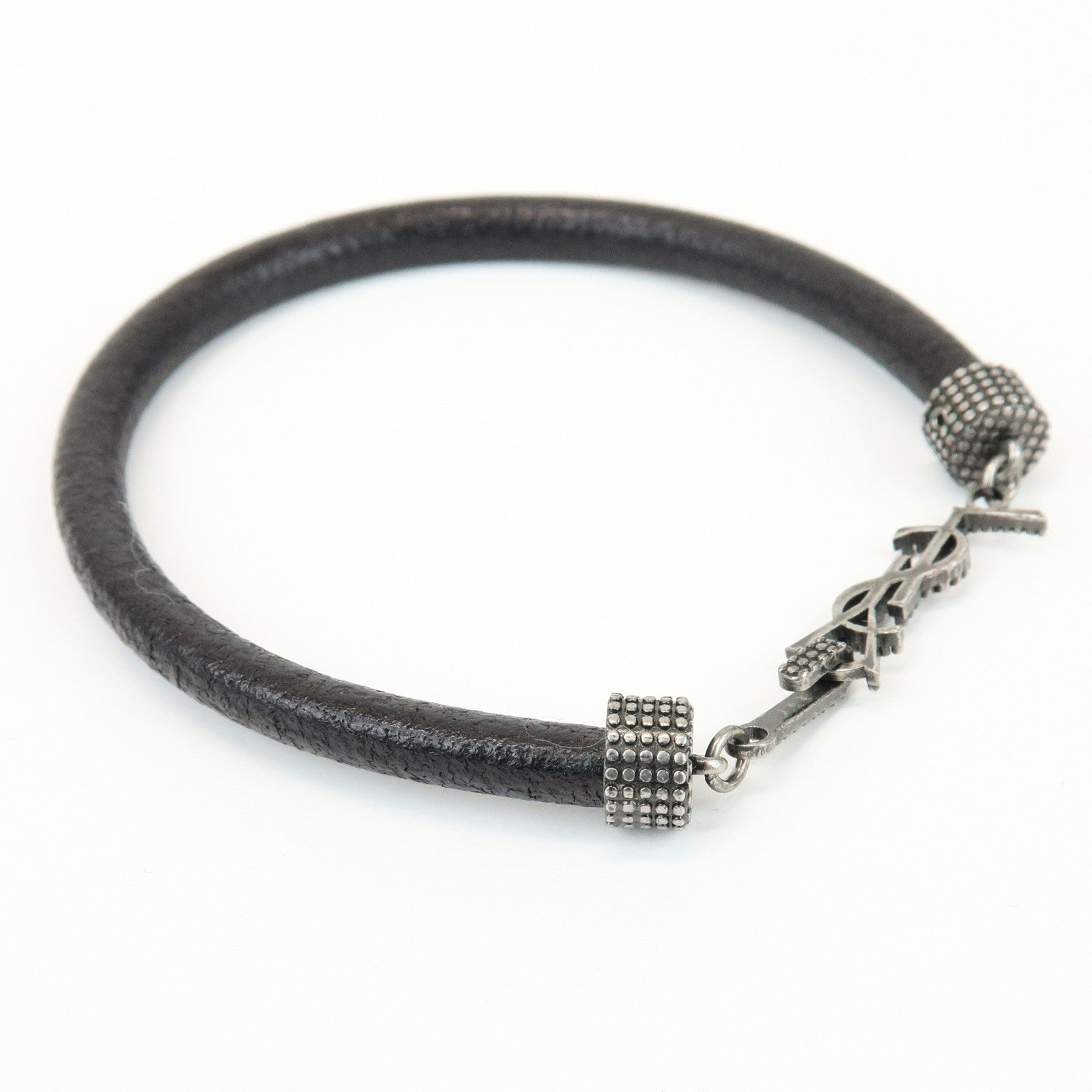 SAINT LAURENT Leather Metal Cassandre Bracelet Black