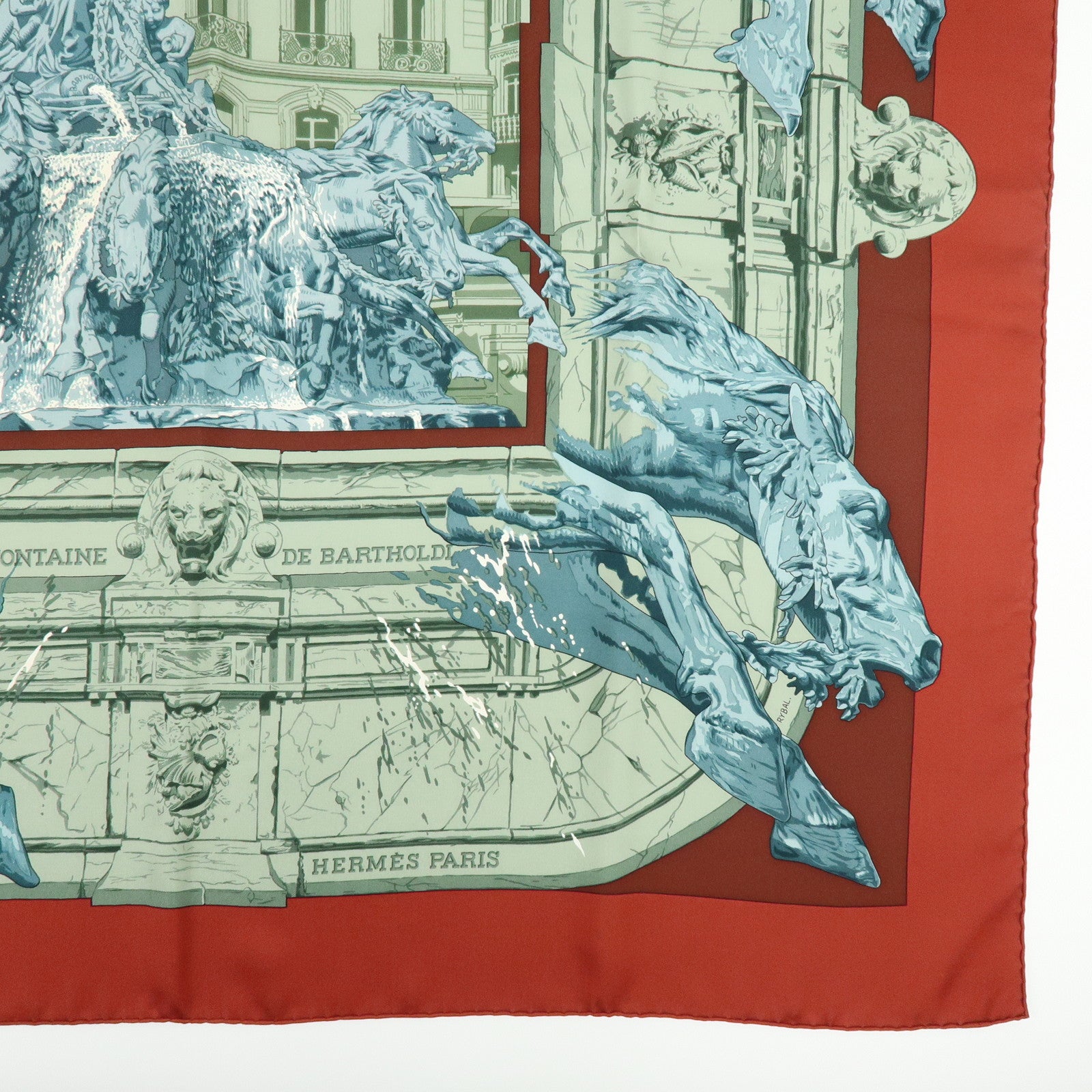 HERMES Carre 90 Silk 100% Scarf LA FONTAINE DE BARTHOLDI Gray Red
