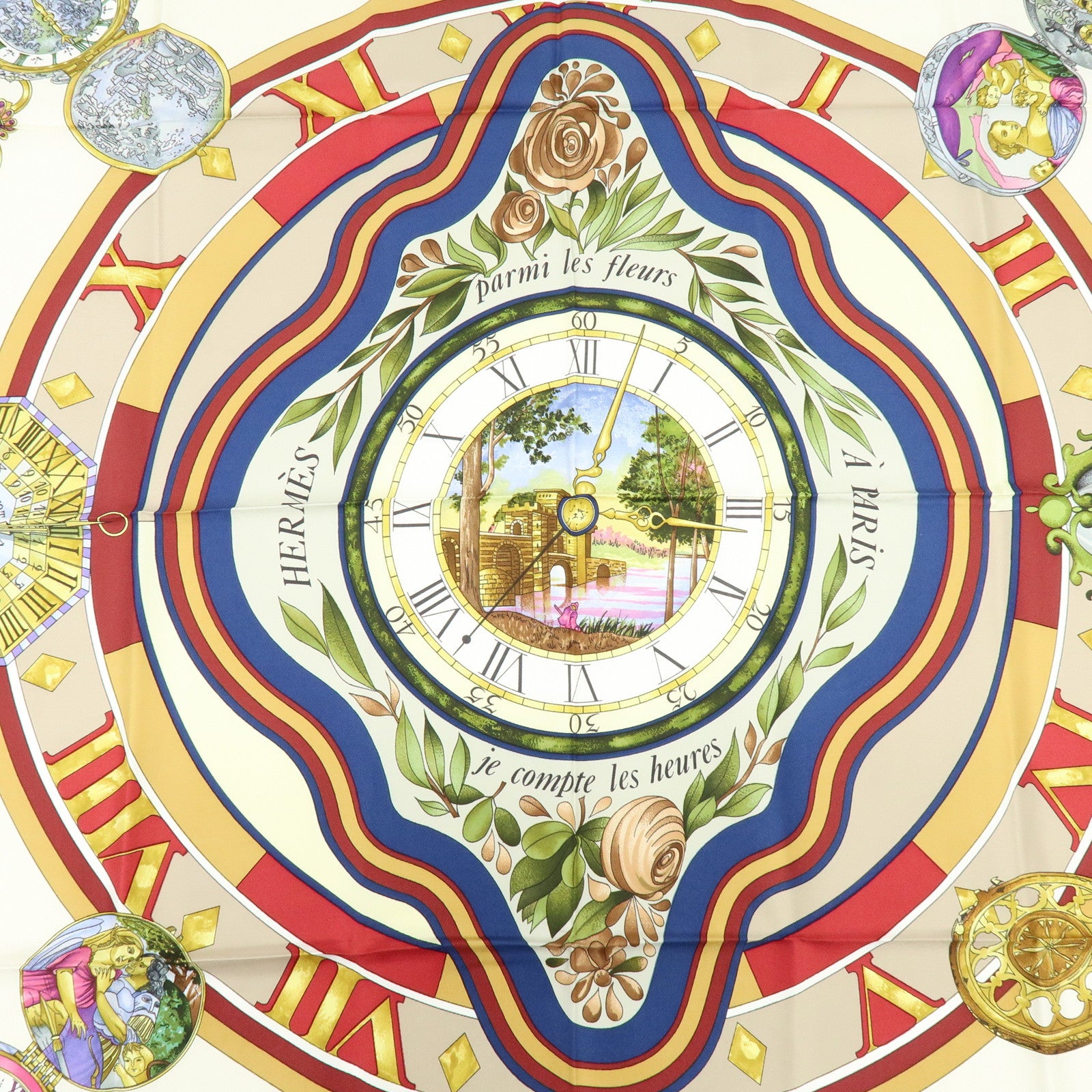 HERMES Carre 90 Silk 100% Scarf la ronde des heures Bordeaux White