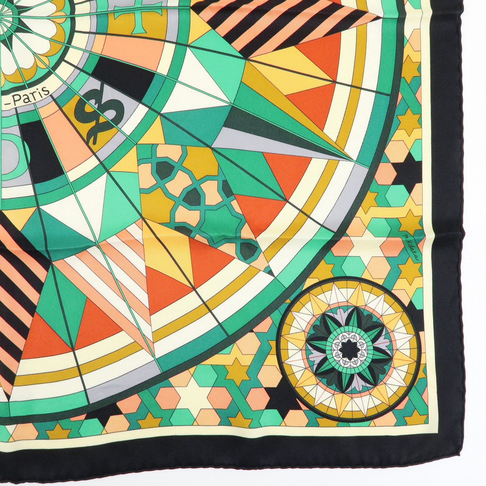HERMES Carre 70 Silk 100% Scarf ROSE DE COMPAS Black Green