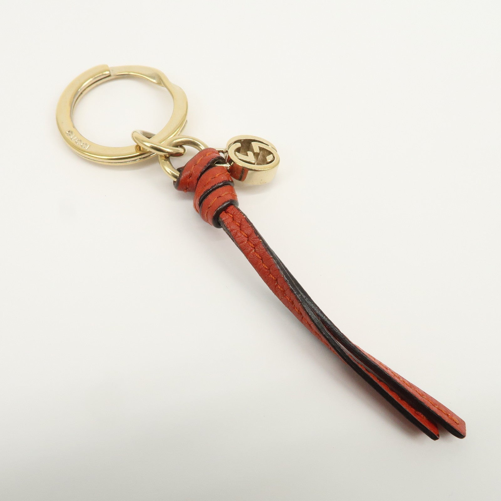 GUCCI Interlocking G Leather Metal Bag Charm Key Chain Orange Gold