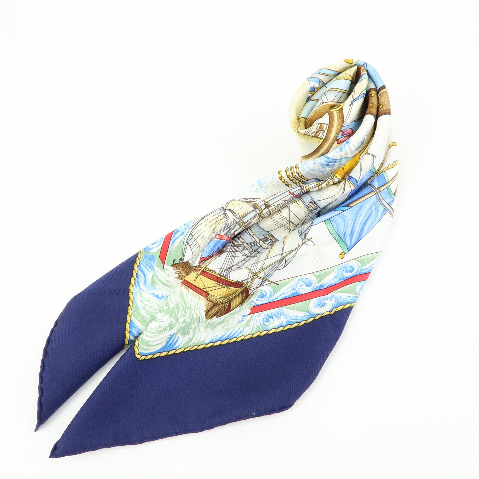 HERMES Carre 90 Silk 100% Scarf VIVE LE VENT Navy Blue Yellow White
