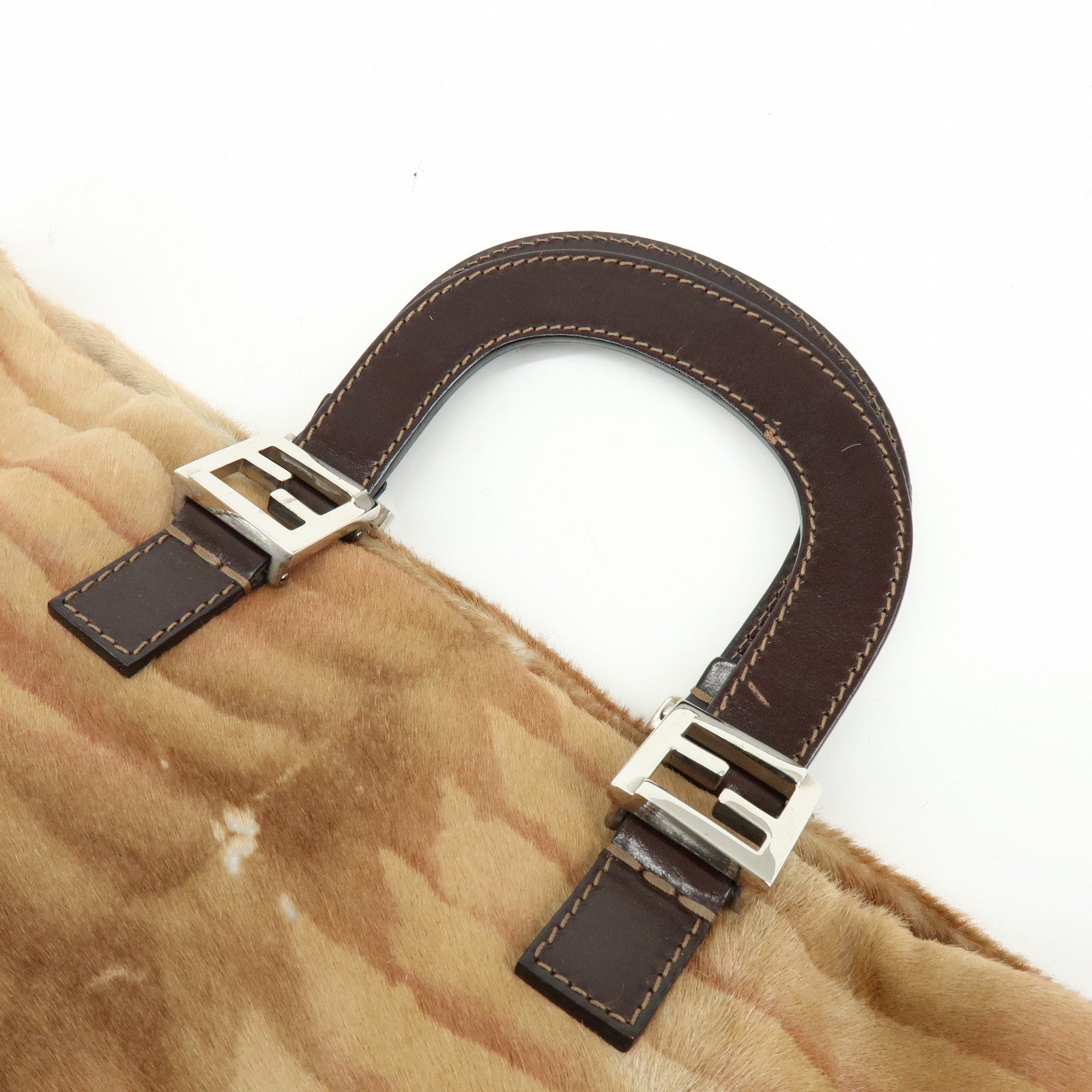 FENDI Calf Hair Leather Animal Pattern Tote Bag Hand Bag Brown