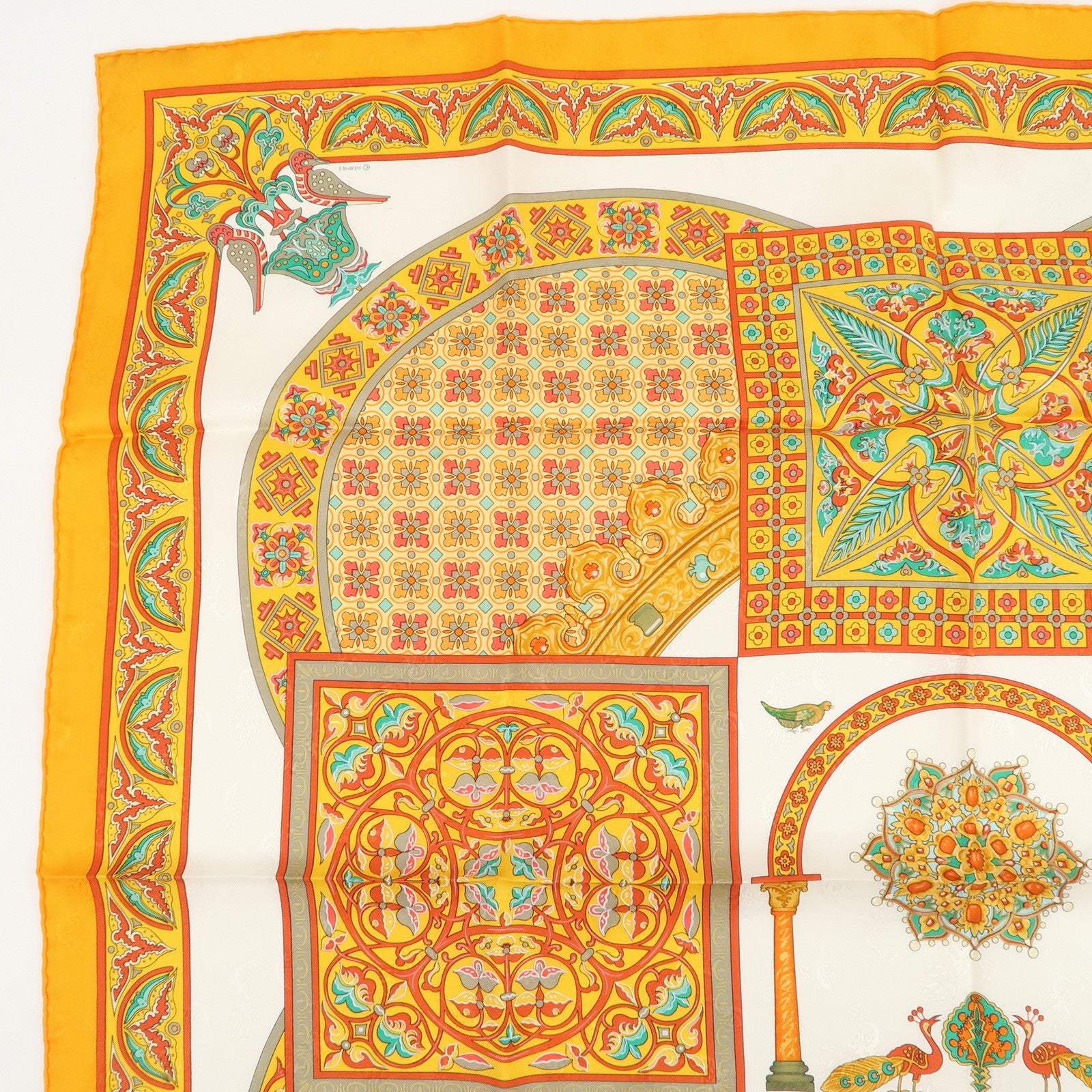 HERMES Carre 90 Silk 100% Scarf CIELS BYZANTINS Orange White
