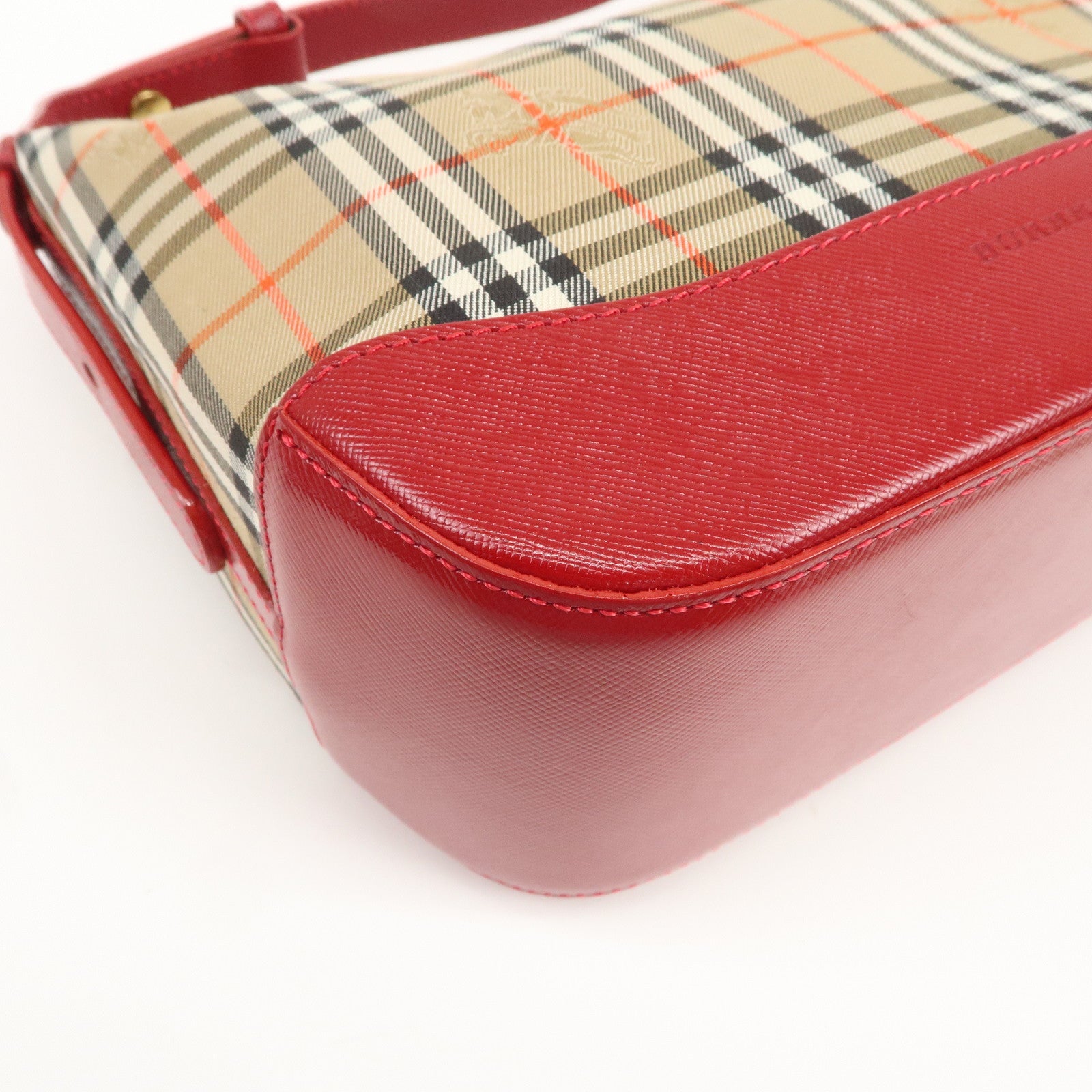 BURBERRY Nova Plaid Canvas Leather Hand Bag Shoulder Bag Beige Red