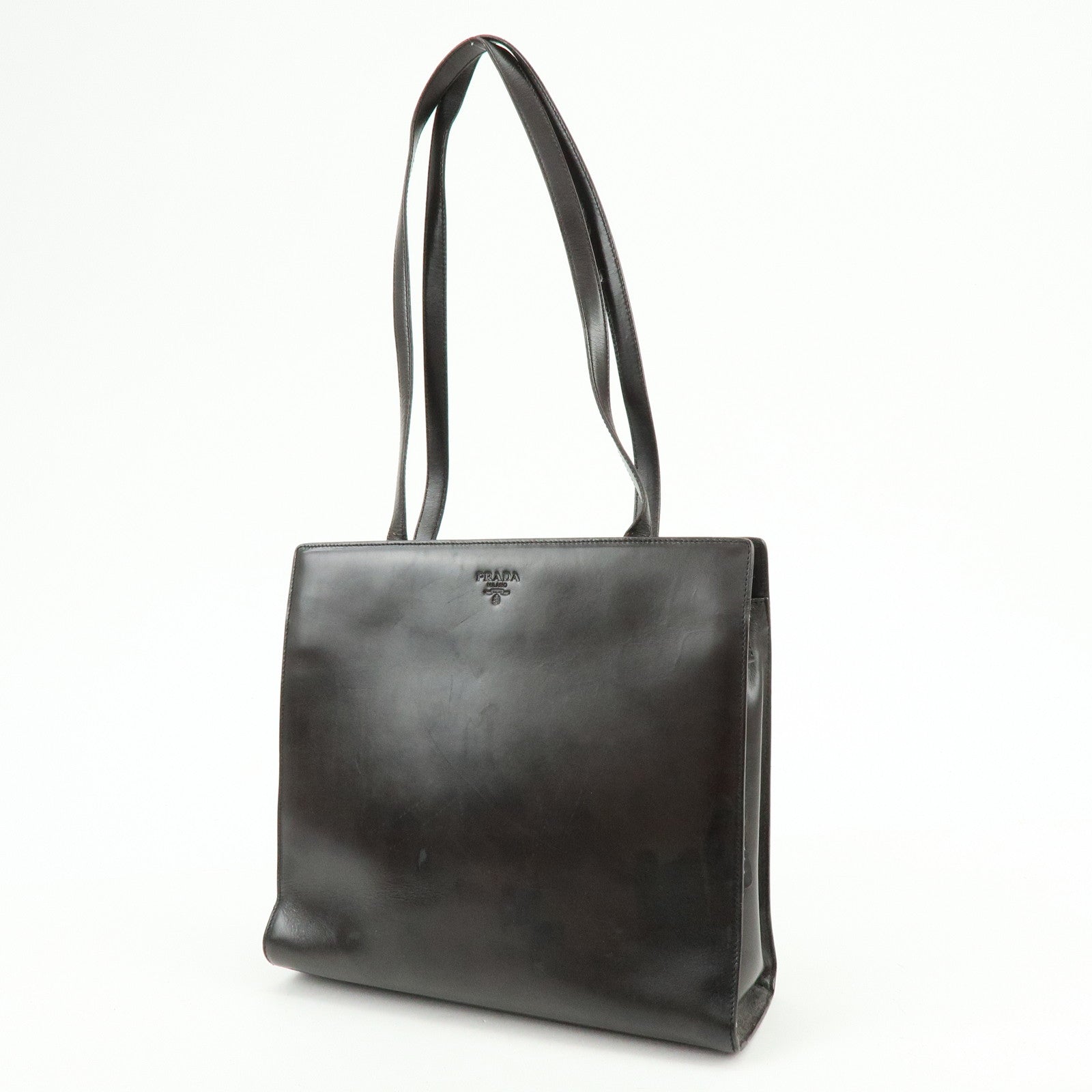 PRADA Logo Leather Tote Bag Shoulder Bag Dark Brown