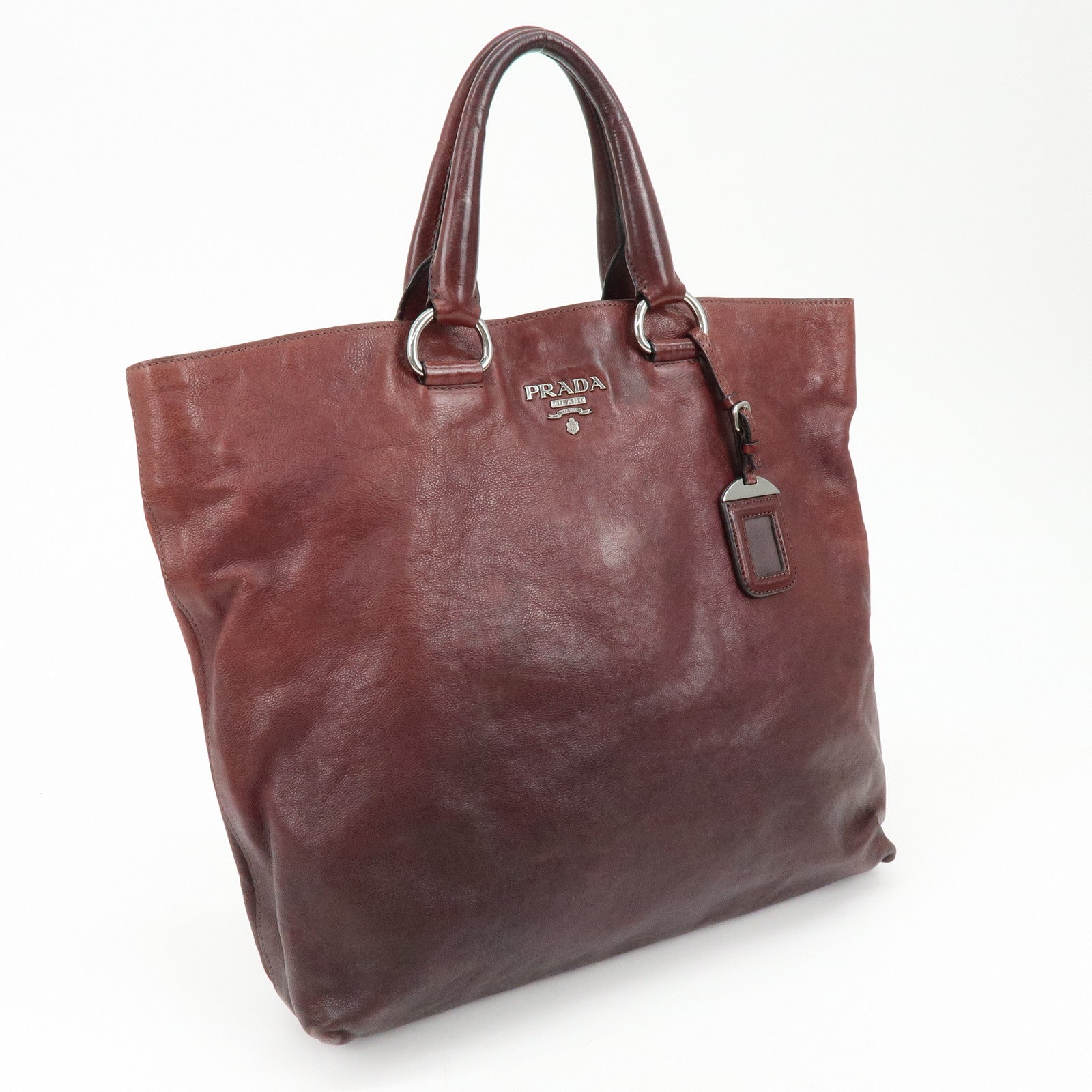 PRADA Triangle Logo Gradation Leather Tote Bag Hand Bag Bordeaux