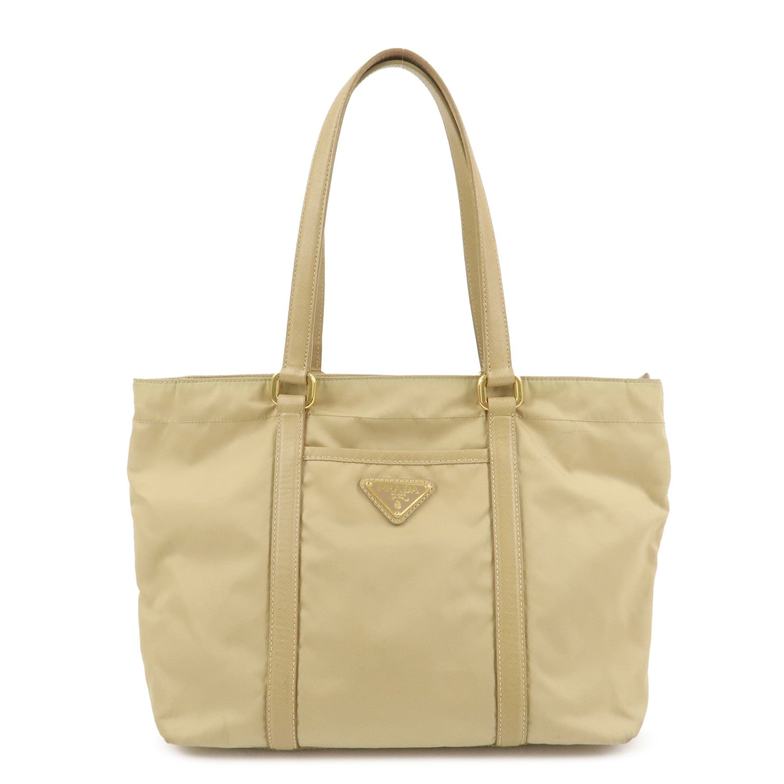 PRADA Triangle Logo Nylon Saffiano Leather Tote Bag Beige BR2311
