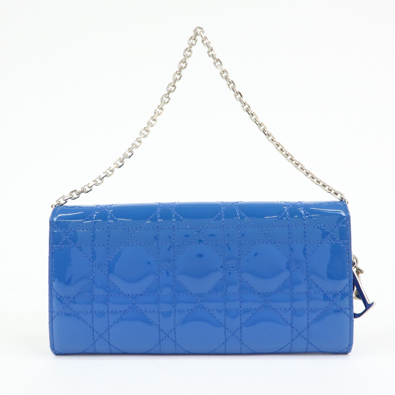 Christian Dior Cannage Patent Leather Chain Wallet WOC Blue Silver