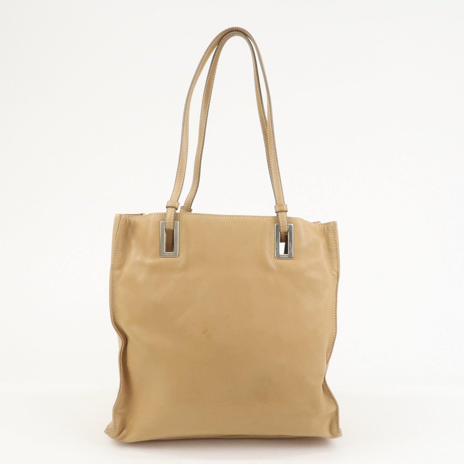 PRADA Triangle Logo Lambskin Tote Bag Shoulder Bag Beige BR1566