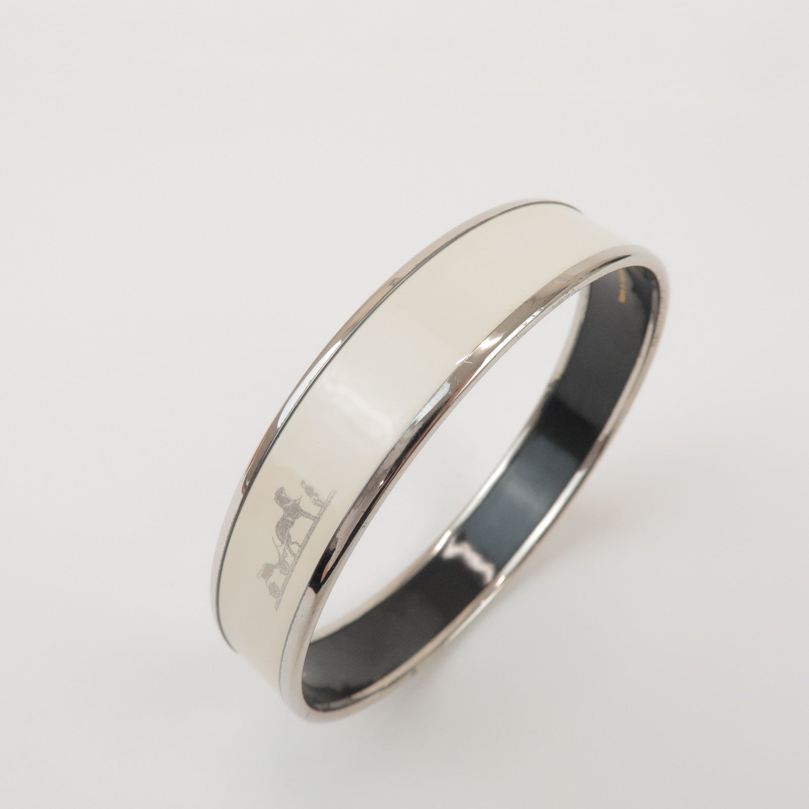 HERMES Email MM Bangle Plated Bracelet Ivory Silver