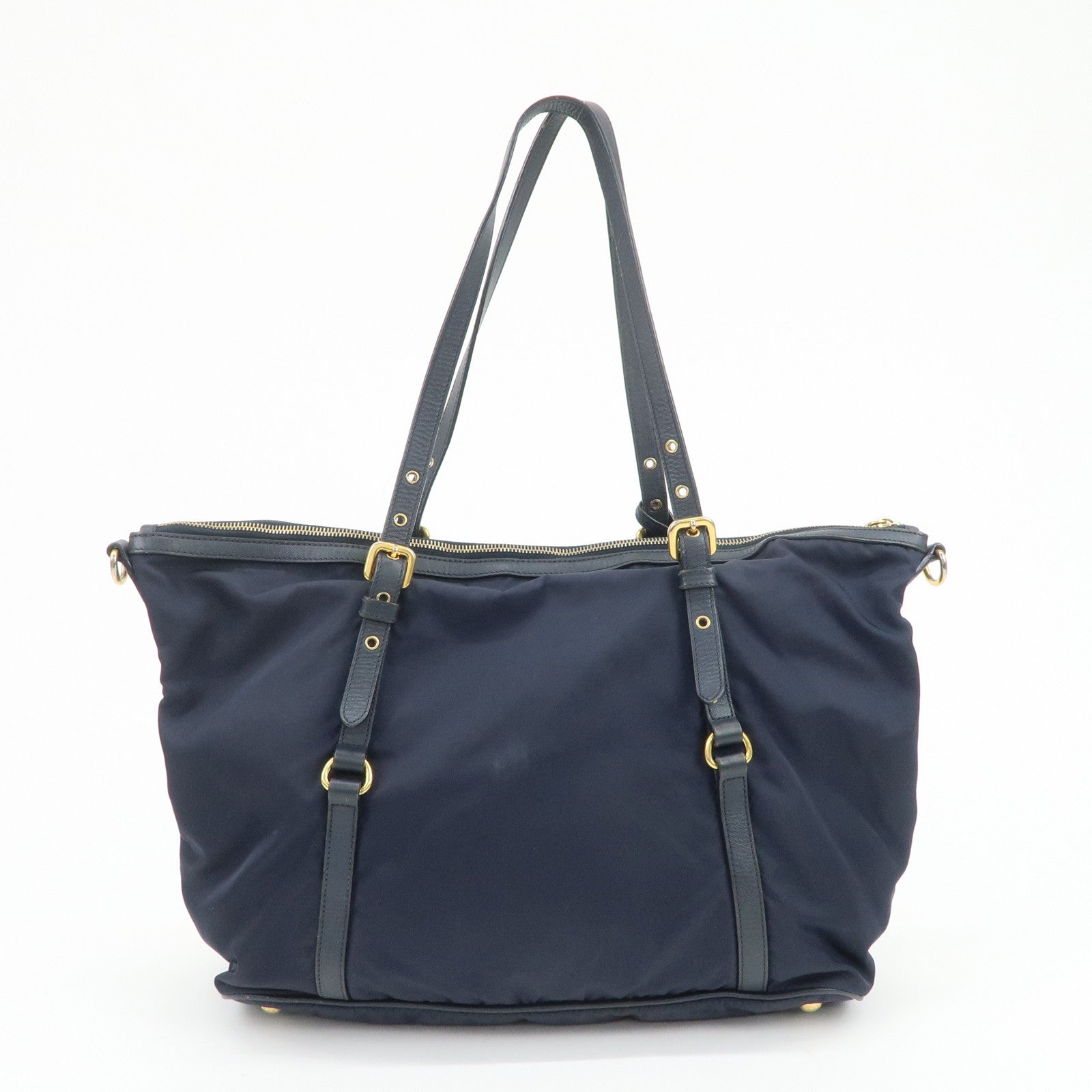 PRADA Nylon Saffiano Leather Shoulder Bag Tote Bag Navy