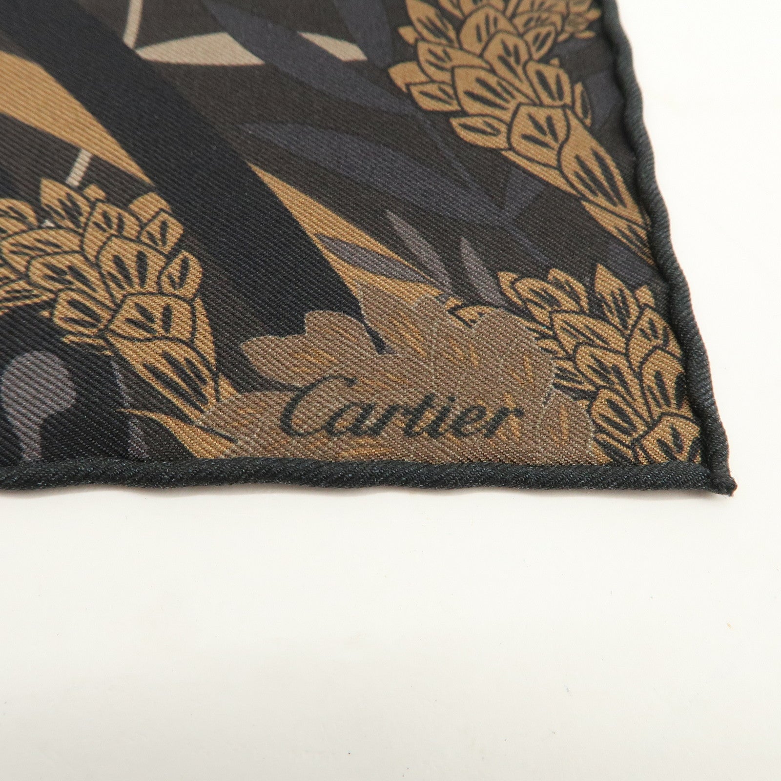 Cartier Silk 100% 42×42 Scarf Leopard Safari Motif Black Brown