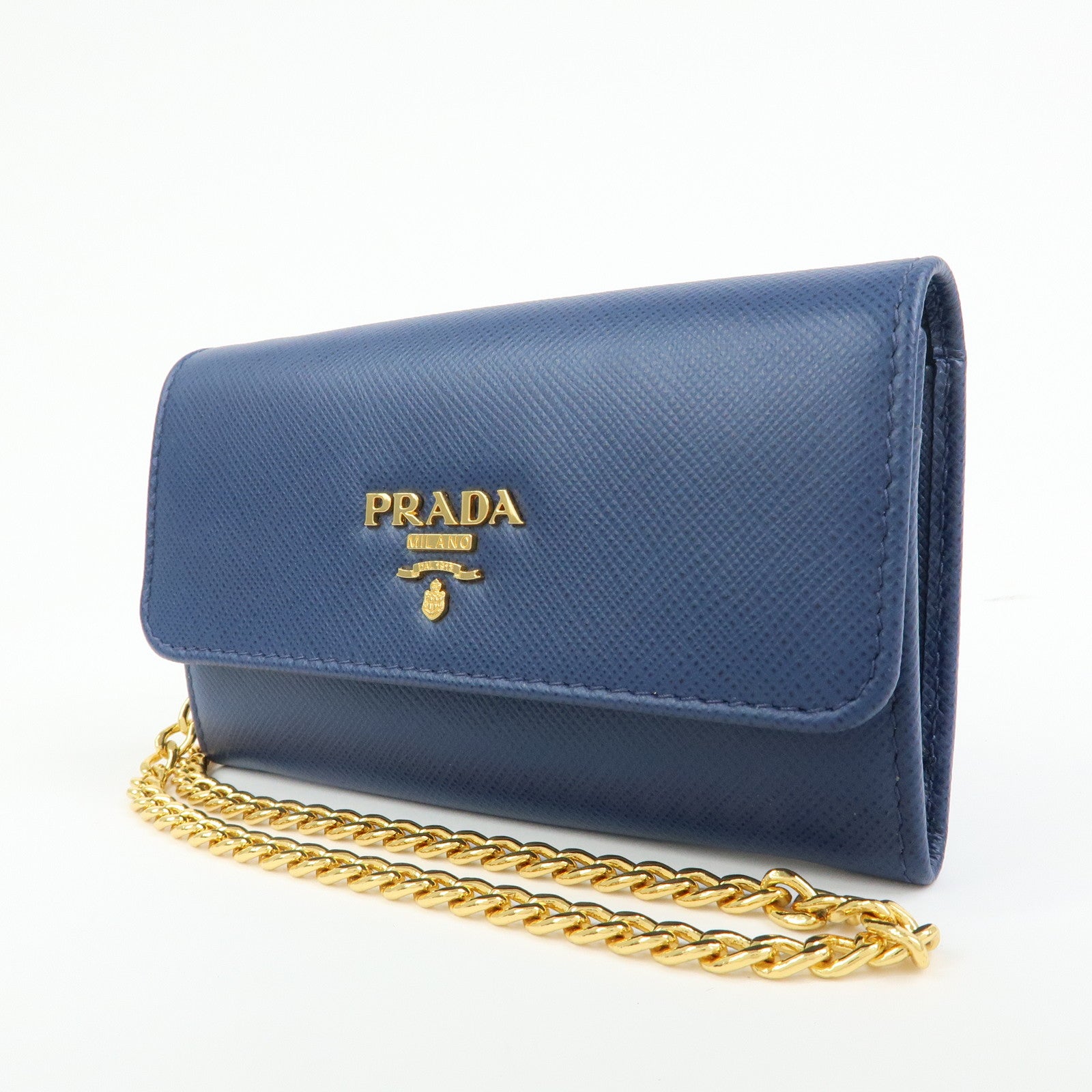 PRADA Saffiano Leather Compact Wallet Card Case Blue 1MC015