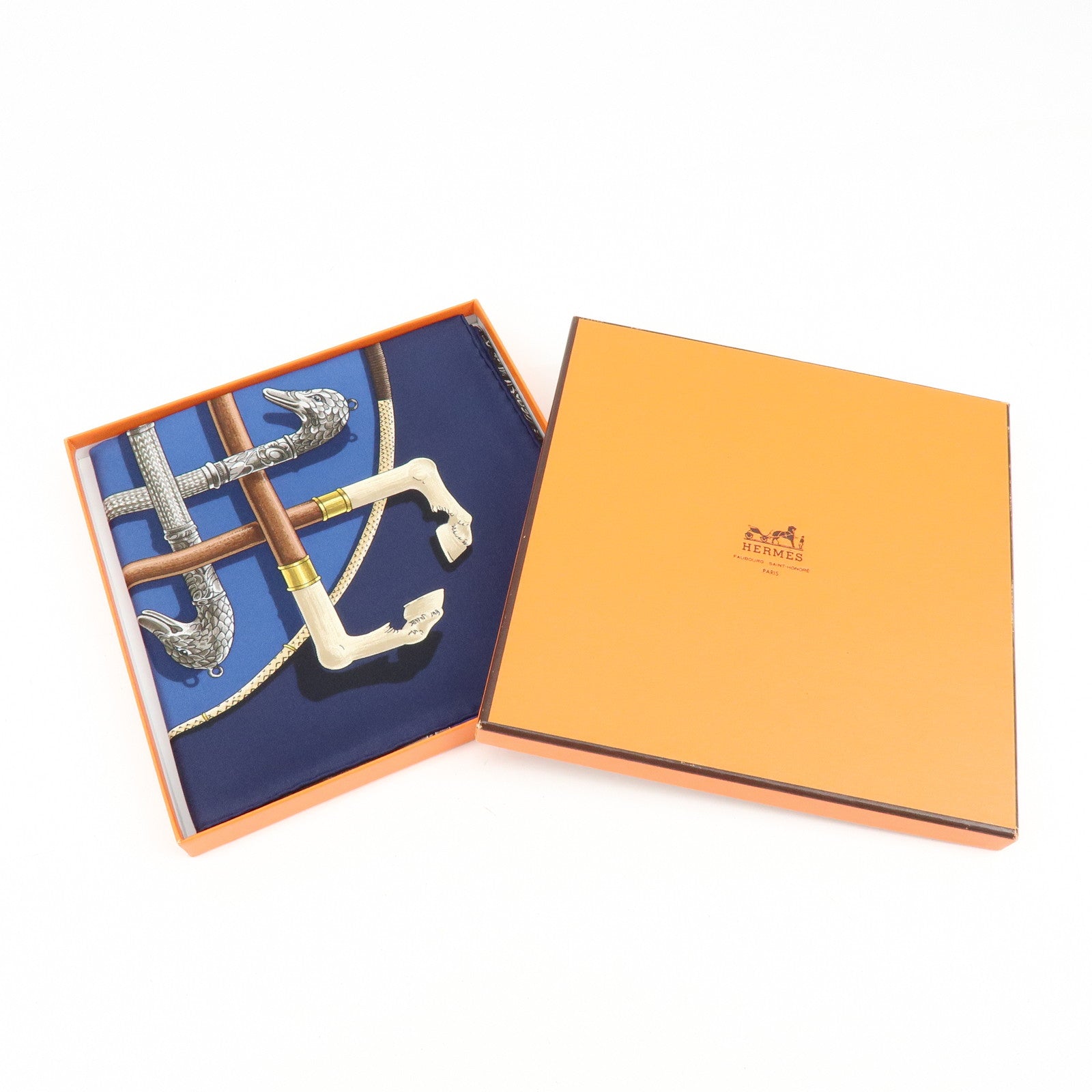 HERMES Carre 90 Silk 100% Scarf CANNES ET POMMEAUX Navy Brown