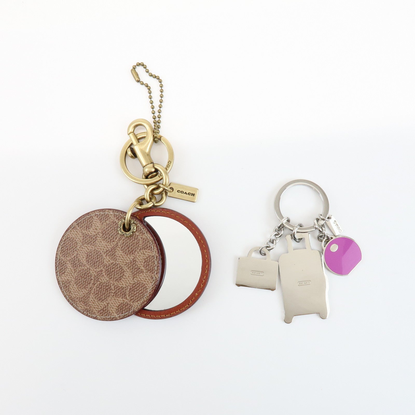 COACH Signature Metal Leather Set of 2 Key Chain Key Holder Brown