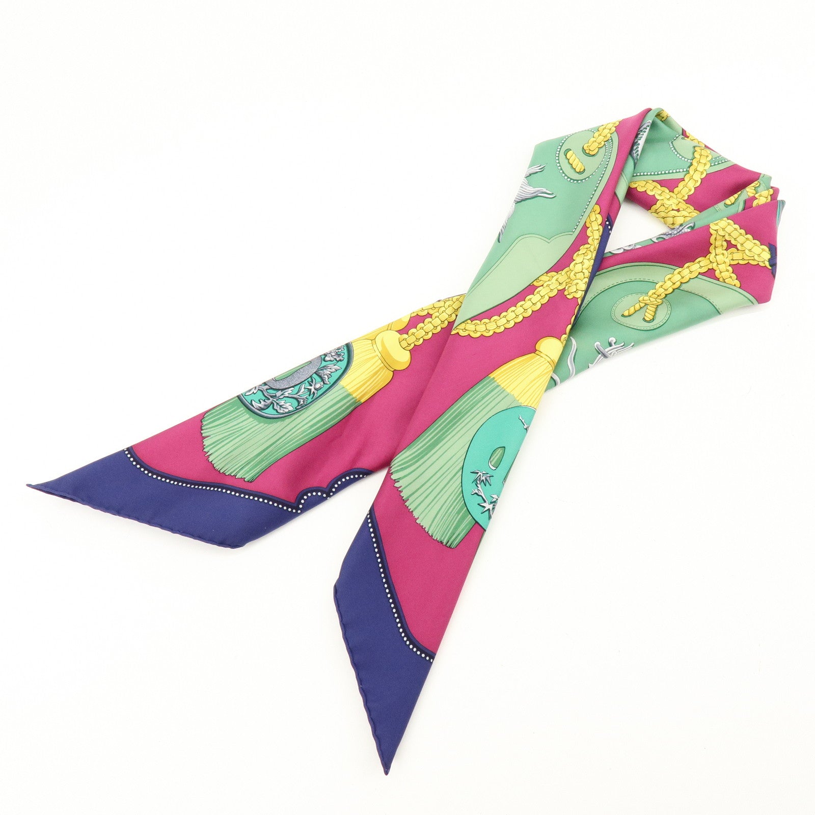 HERMES Carre 90 Silk 100% Scarf TSUBAS Guard Print Purple Green