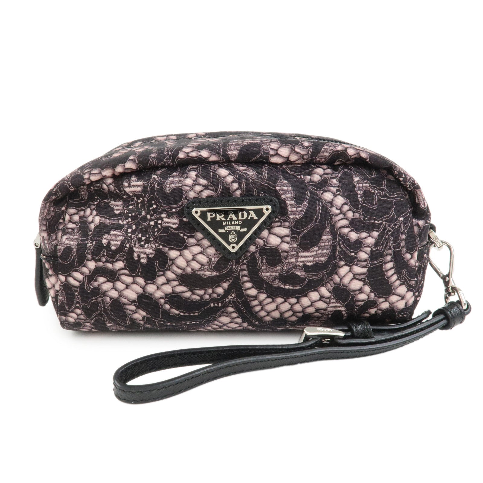 PRADA Triangle Logo Lace Nylon Leather Cosmetic Pouch Black 1NE175