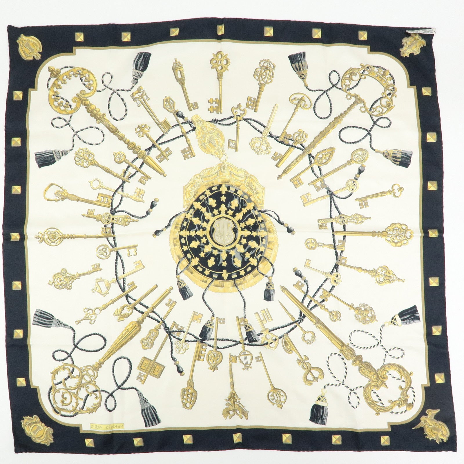 HERMES Carre 90 Silk 100% Scarf LES CLES THE KEYS RARE Black White