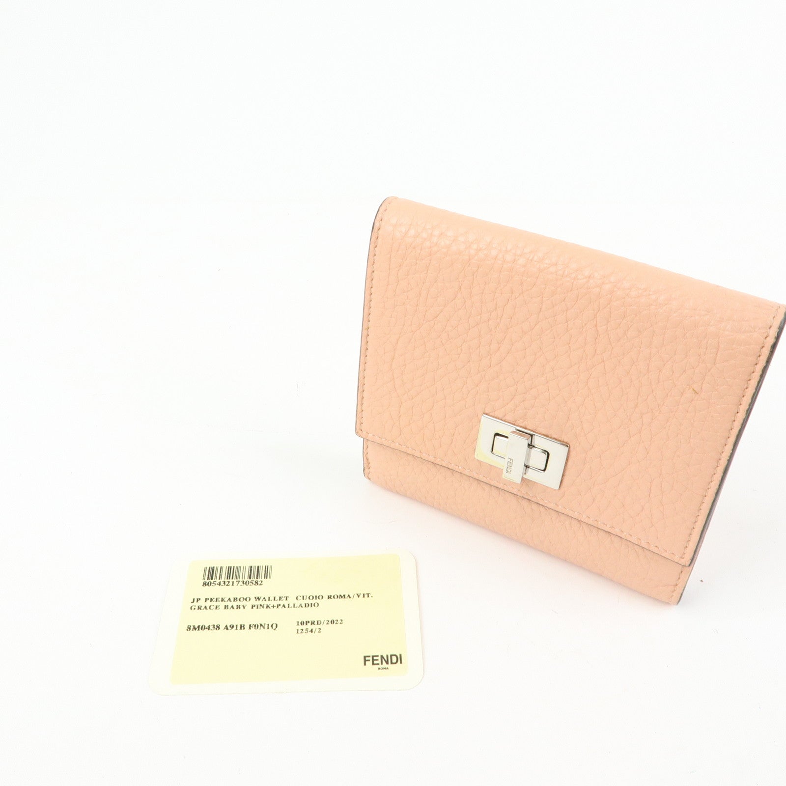 FENDI Selleria Leather Tri-fold Compact Wallet Pink Beige 8M0438