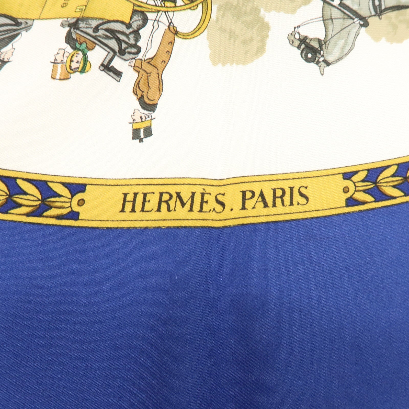 HERMES Carre 90 Silk 100% Scarf LA PROMENADE DE LONGCHAMPS Blue