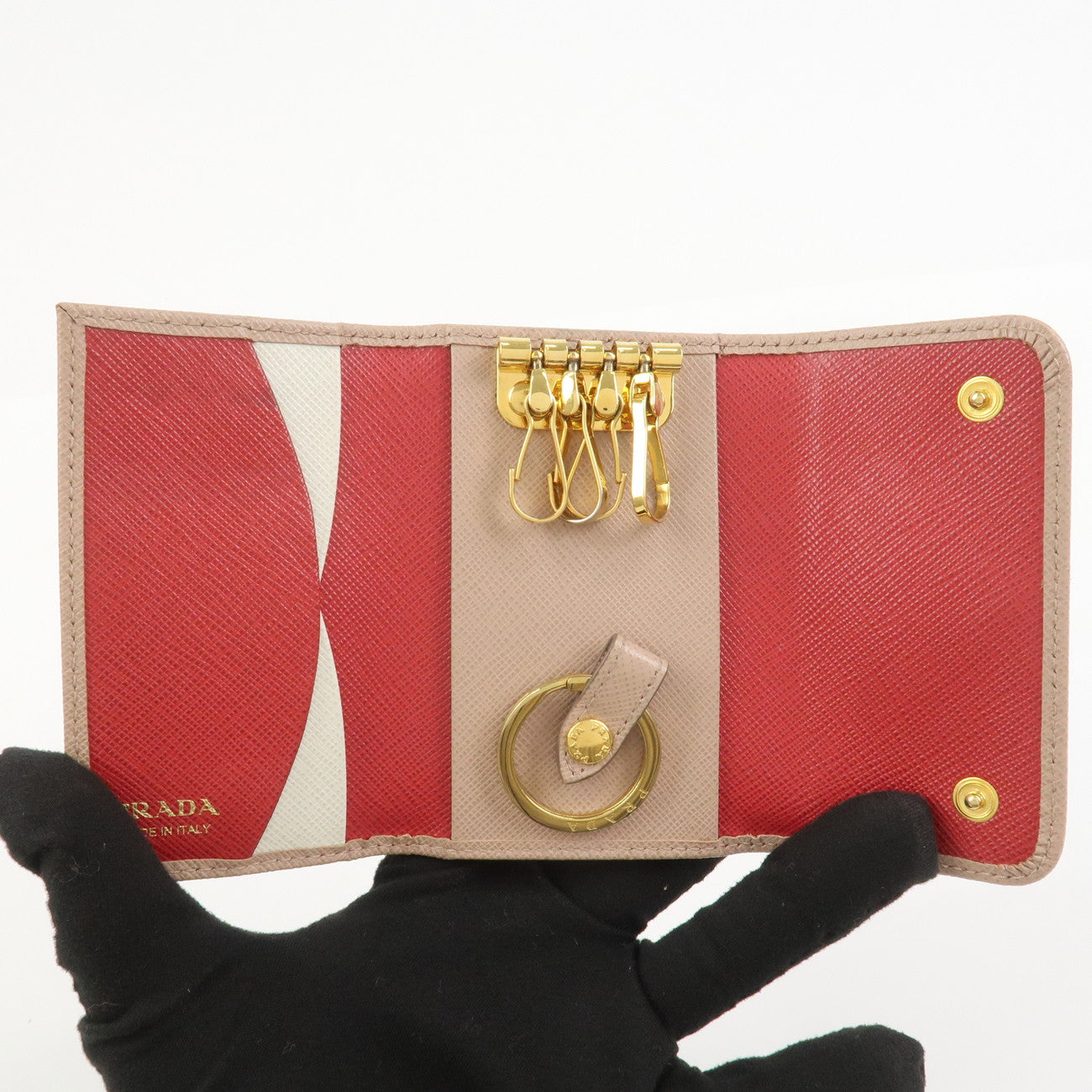PRADA Saffiano Leather 4 Rings Key Case Key Holder PinkBeige 1PG004