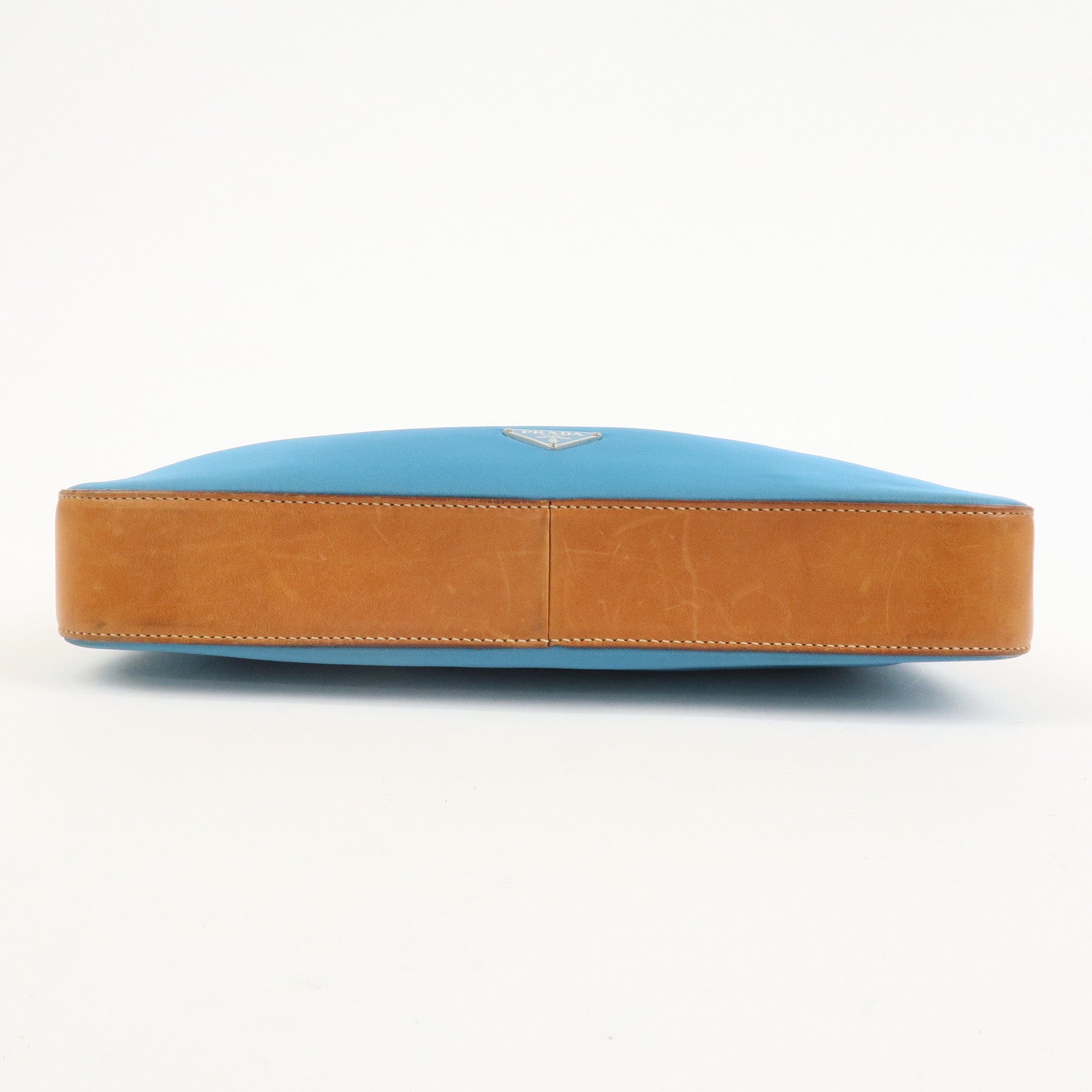 PRADA Triangle Logo Nylon Leather Shoulder Bag Blue Brown BR2205