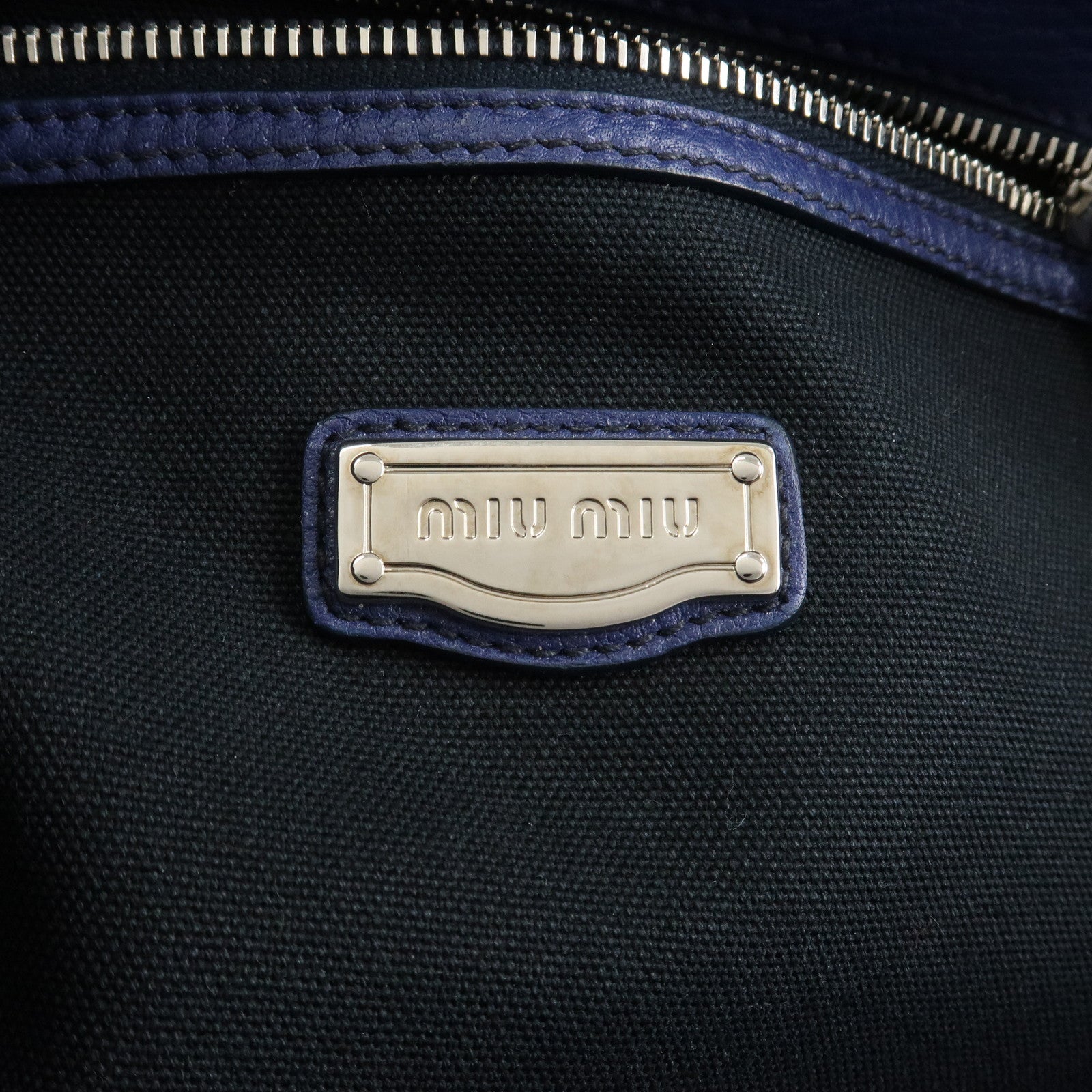 MIU MIU Logo Madras Leather Tote Bag Shoulder Bag Hand Bag Blue