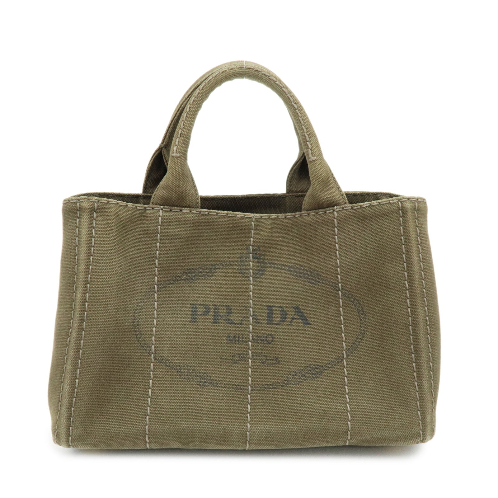 PRADA Canapa Mini Triangle Logo Canvas Tote Hand Bag Khaki BN2439