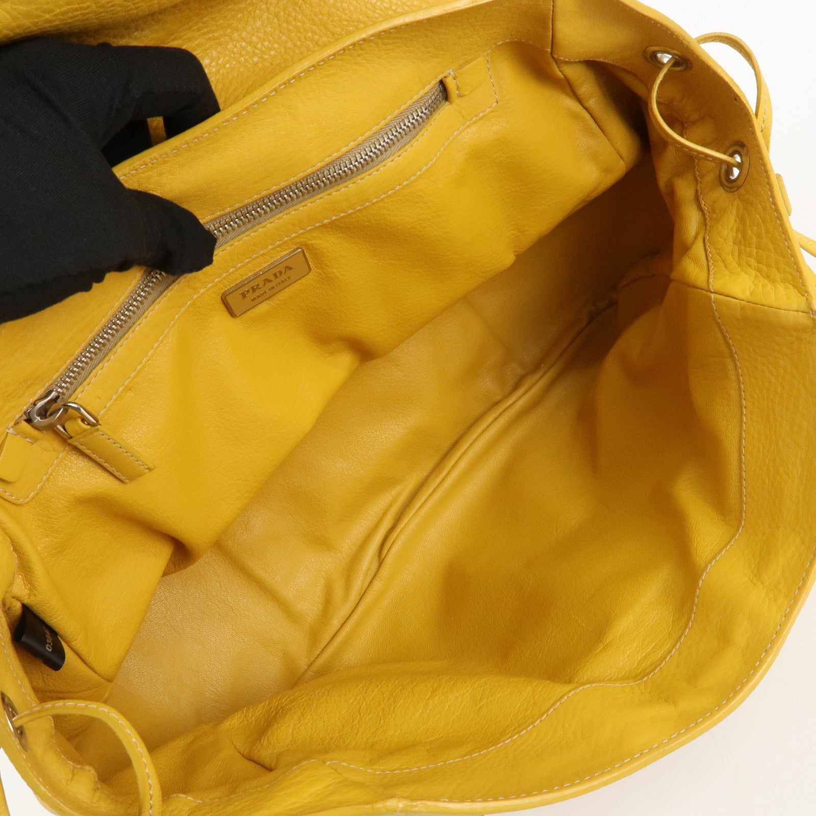 PRADA Triangle Logo Leather Raffia Tote Bag Beige Yellow Used