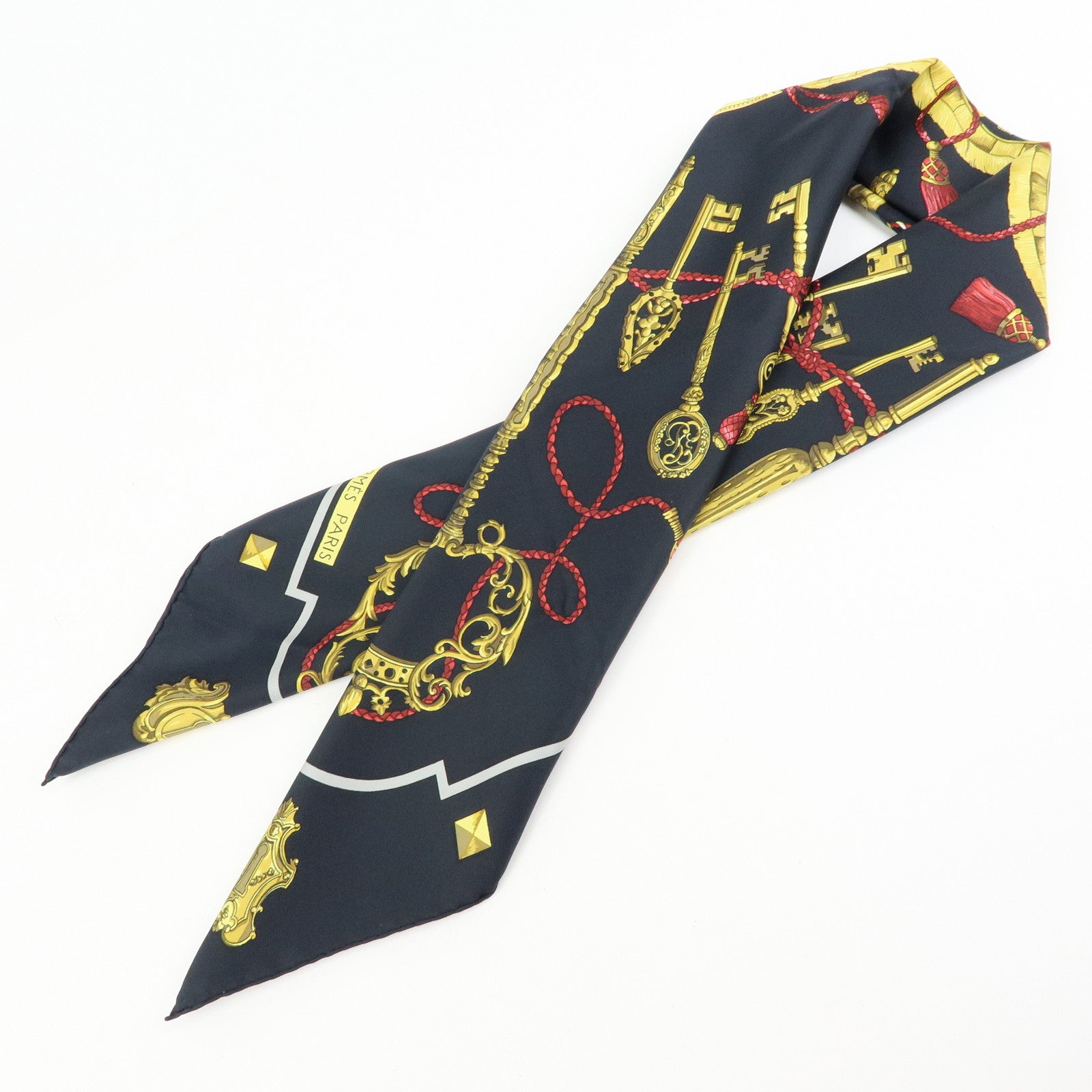 HERMES Carre 90 Silk 100% Scarf LES CLES THE KEYS RARE Black Gold