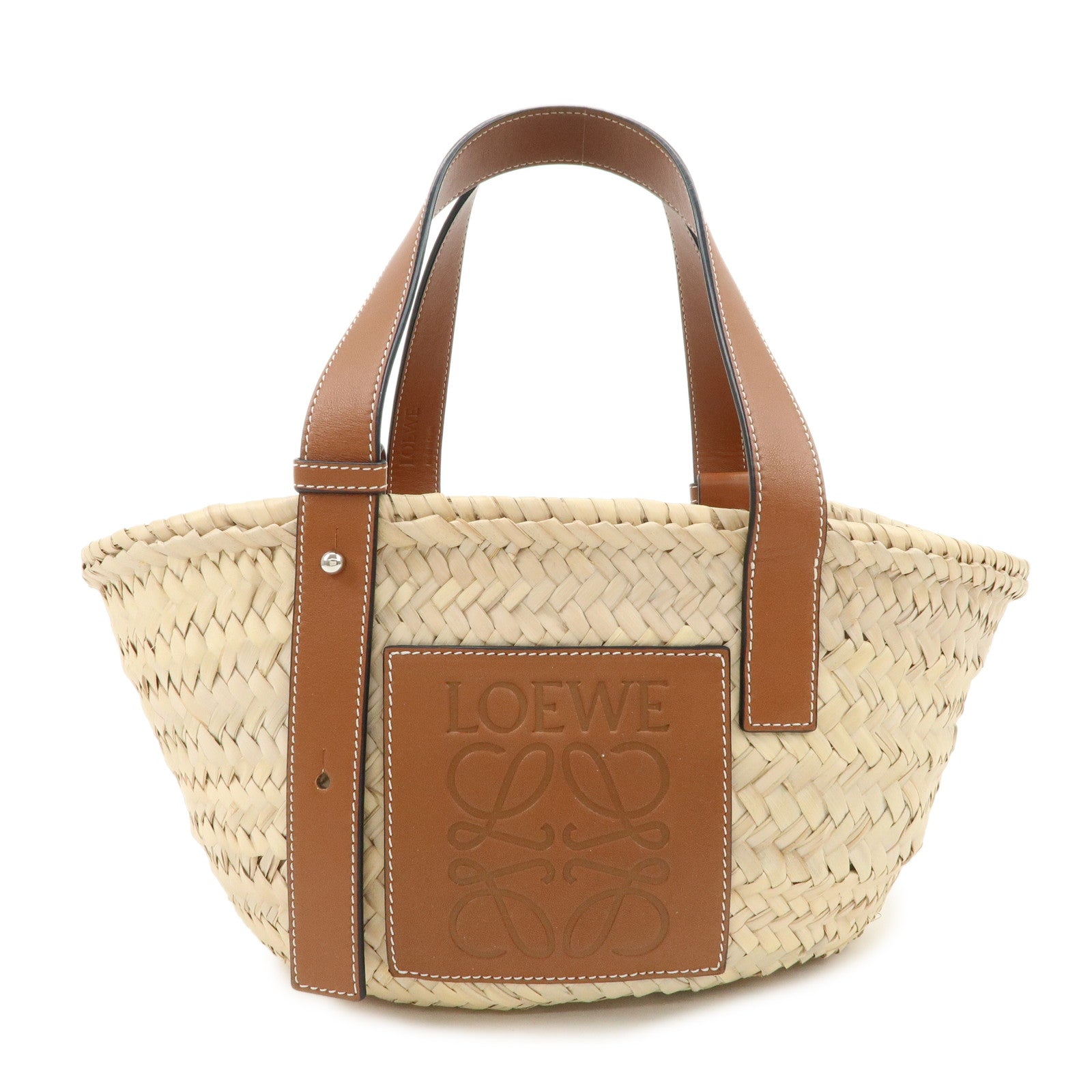 LOEWE Anagram Raffia Leather Basket Bag Hand Bag Natural Brown 2435