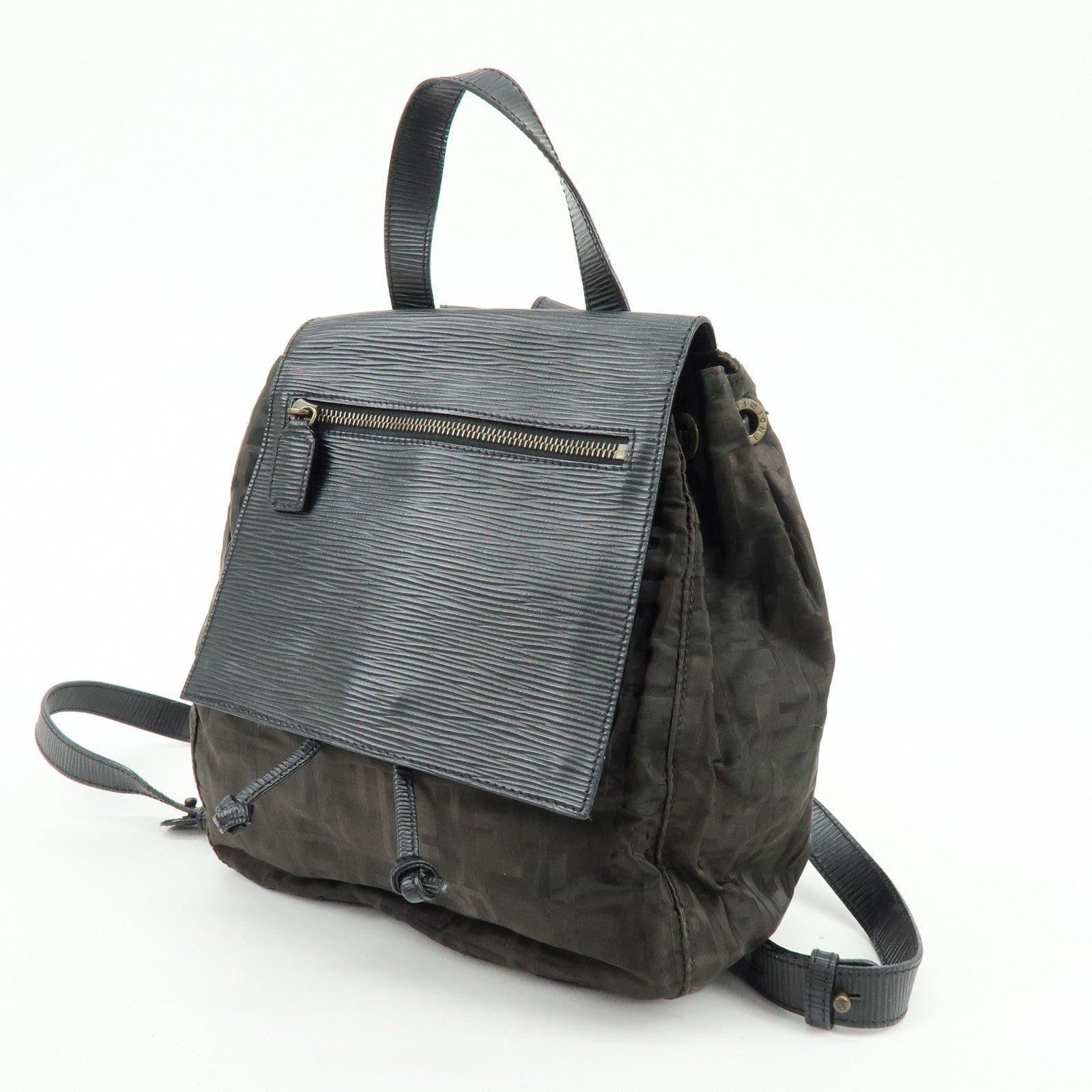 FENDI Logo Zucca Nylon Leather Backpack Rucksack Black