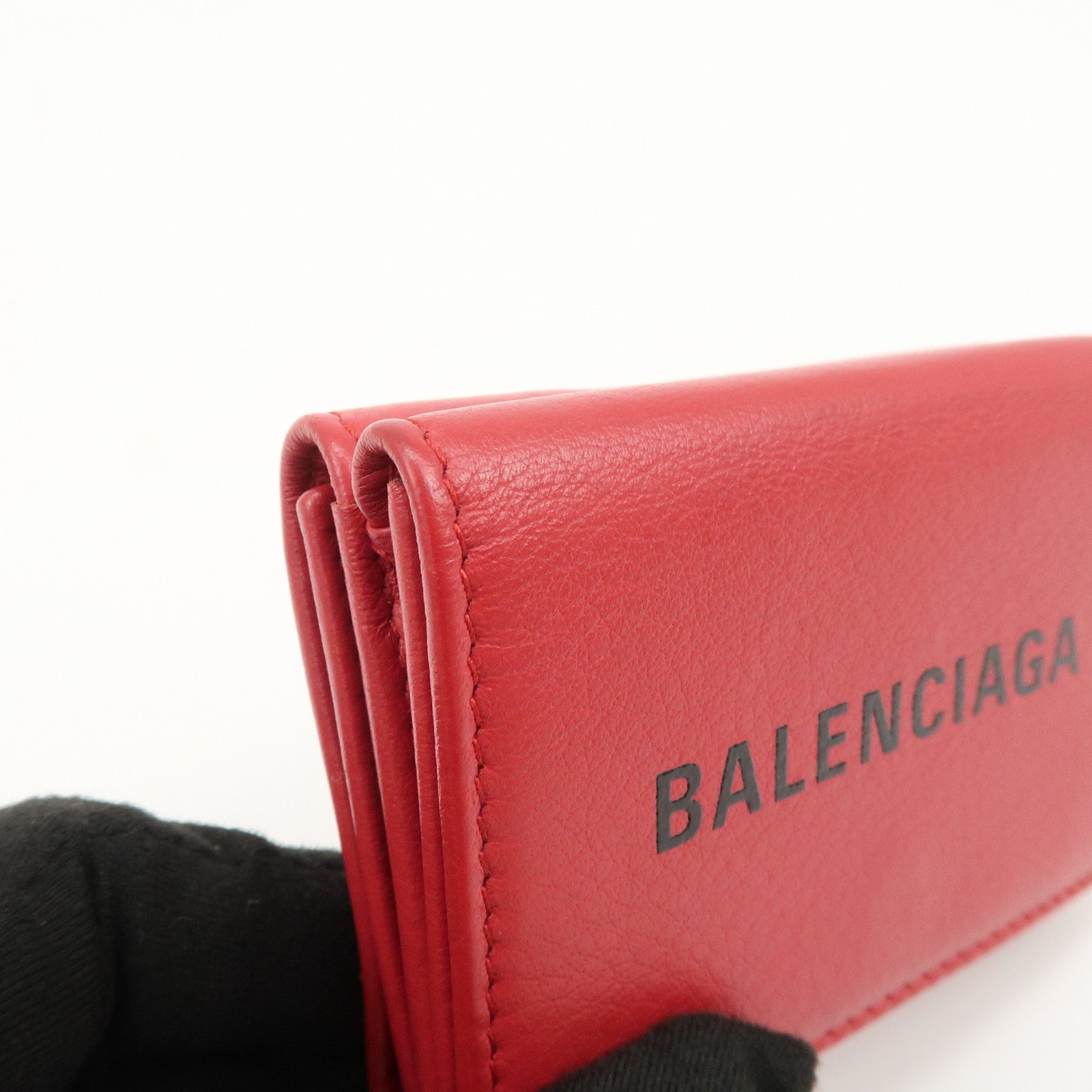 BALENCIAGA CASH Leather Mini Tri-fold Compact Wallet Red 593813