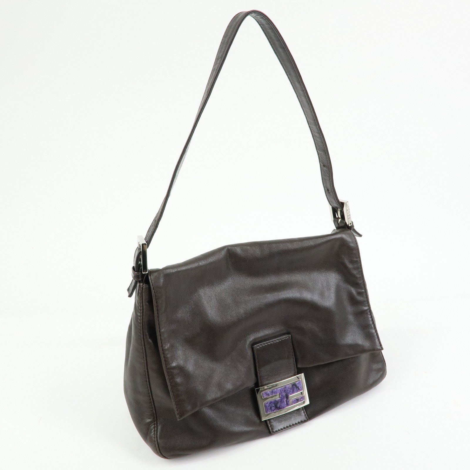 FENDI Mamma Baguette Lamb Skin Shoulder Bag Dark Brown 26325