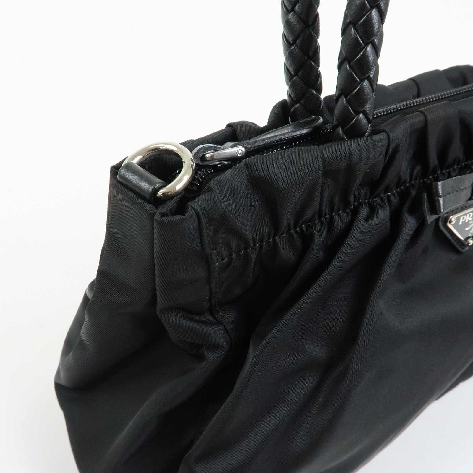 PRADA Triangle Logo Ribbon Nylon Leather 2Way Hand Bag Black BN1631