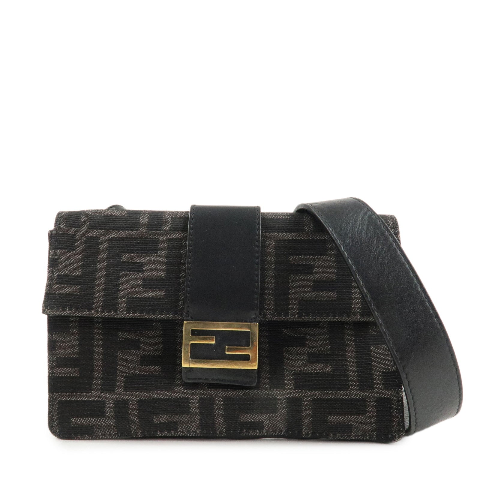 FENDI Zucca Leather Canvas Baguette Slim Clutch Bag Black 7M0295 Used