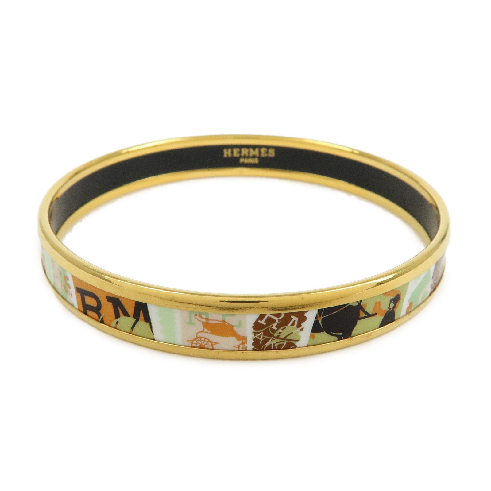 HERMES Email PM Gold Plated Bracelet Bangle Light Green Orange Gold