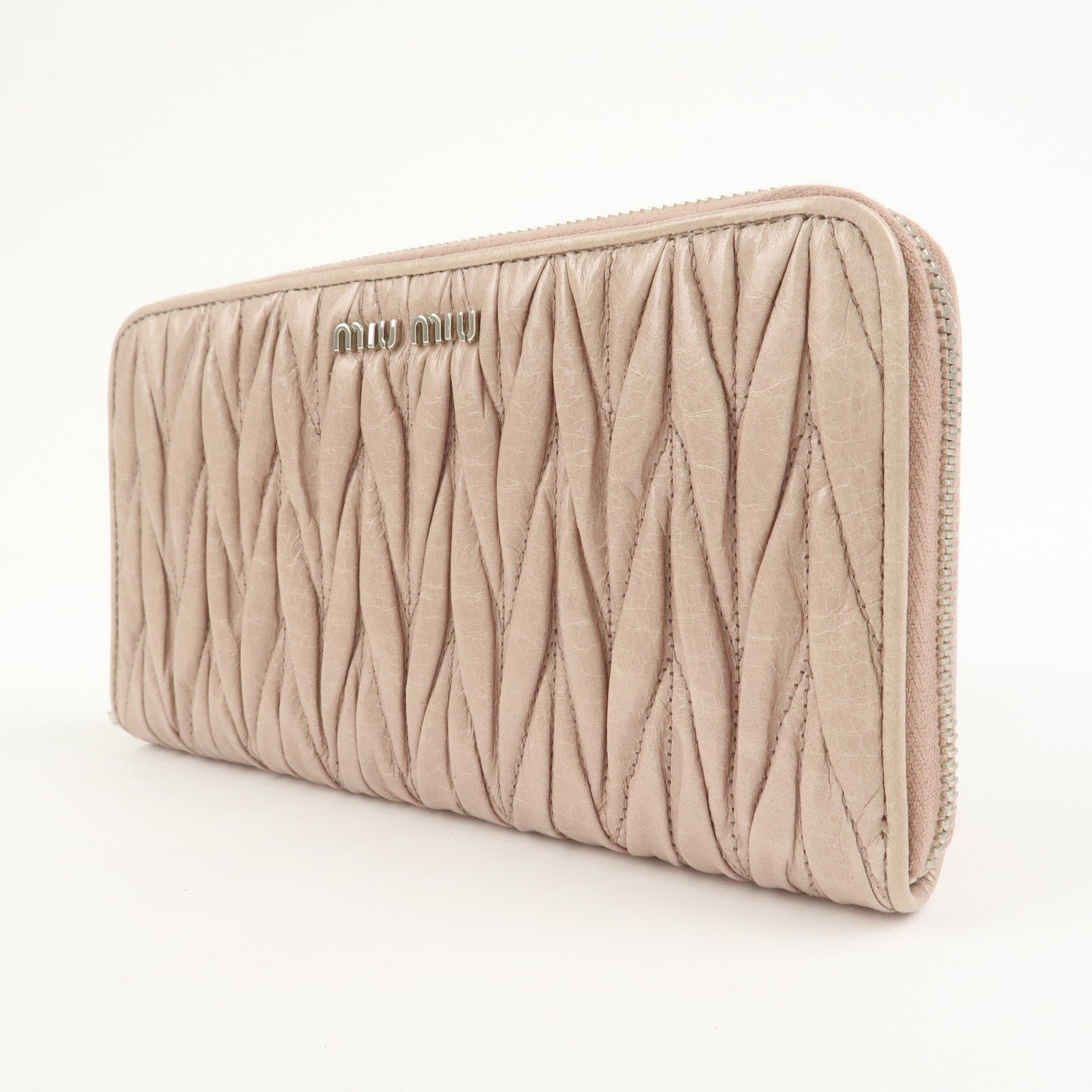 MIU MIU Matelasse Leather Round Zipper Long Wallet Beige 5M0506