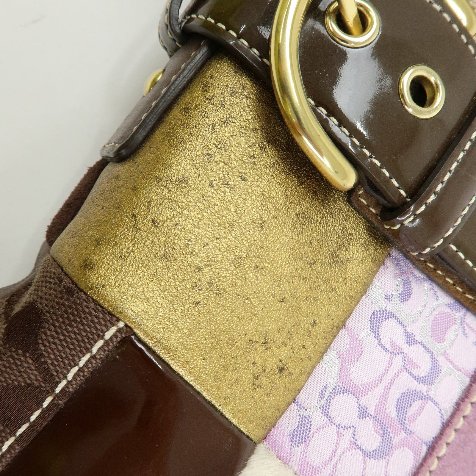 COACH Signature Suede Patent Leather Shoulder Bag Brown Patchwork