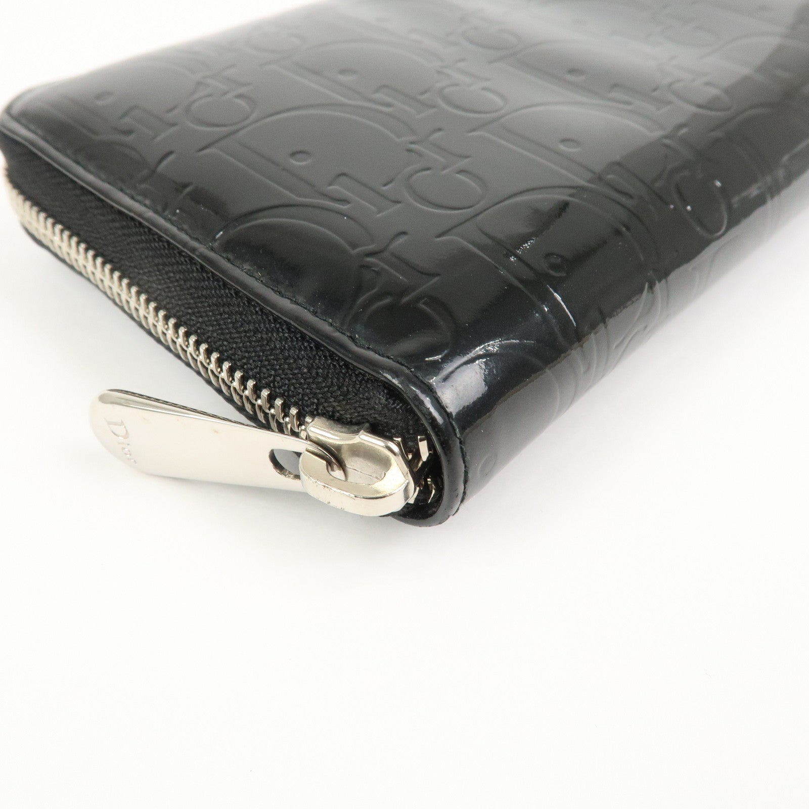 Christian Dior Trotter Patent Leather Round Zippy Long Wallet Black