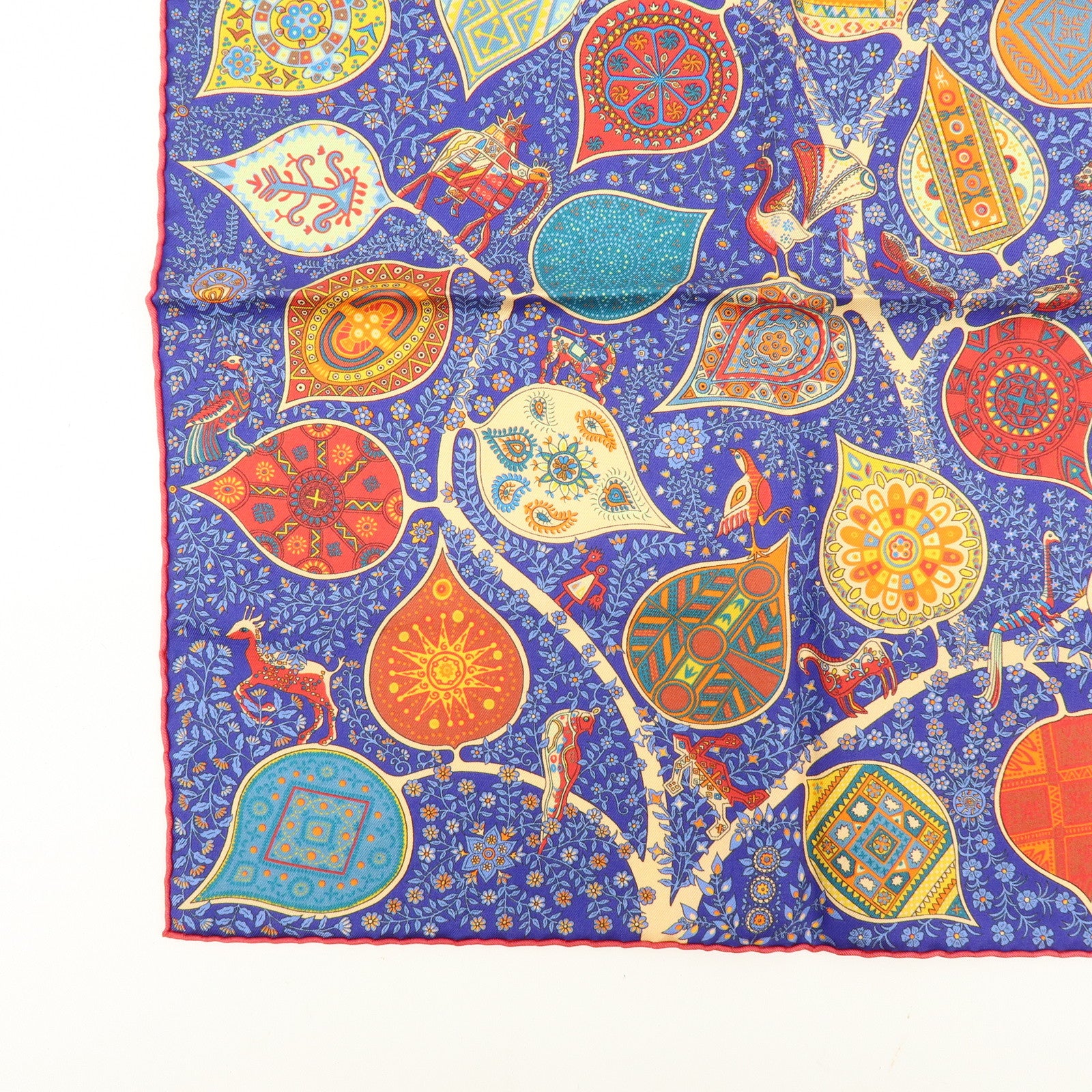 HERMES Carre 45 Silk 100% LArbre devie Scarf Blue Red Muticolor