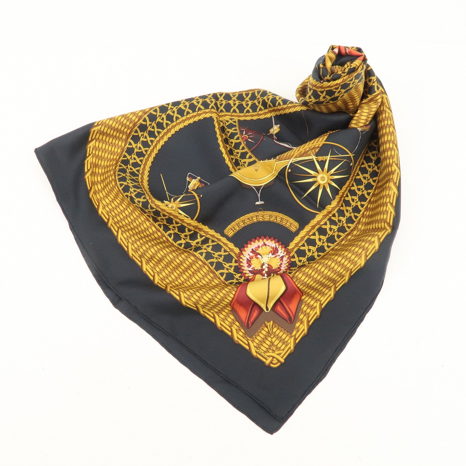 HERMES Carre 90 Silk 100% Scarf GRAND APPARAT Black Gold Used