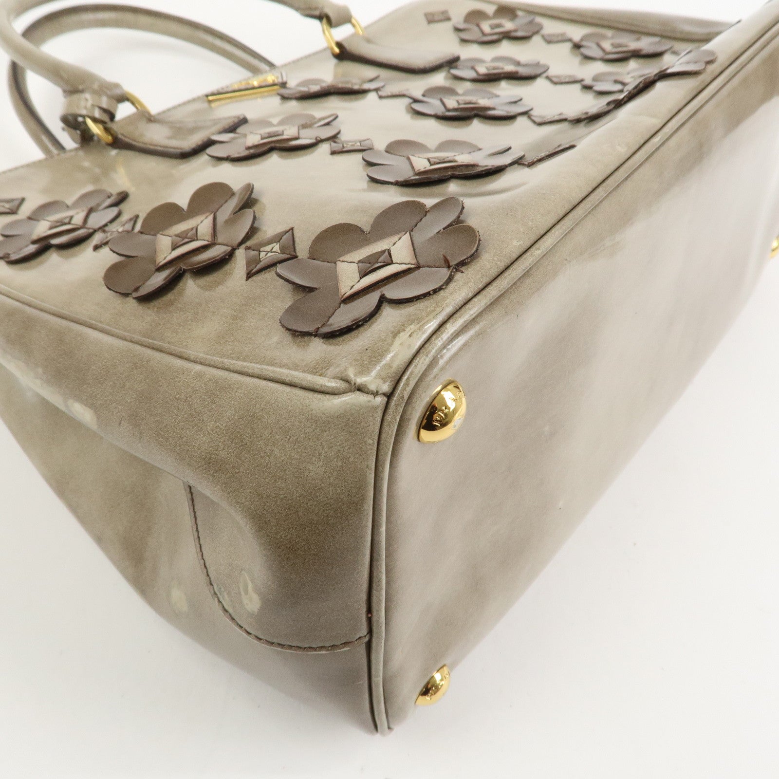 PRADA Patent Leather Flower Galleria 2Way Tote Bag Greige BB2274F