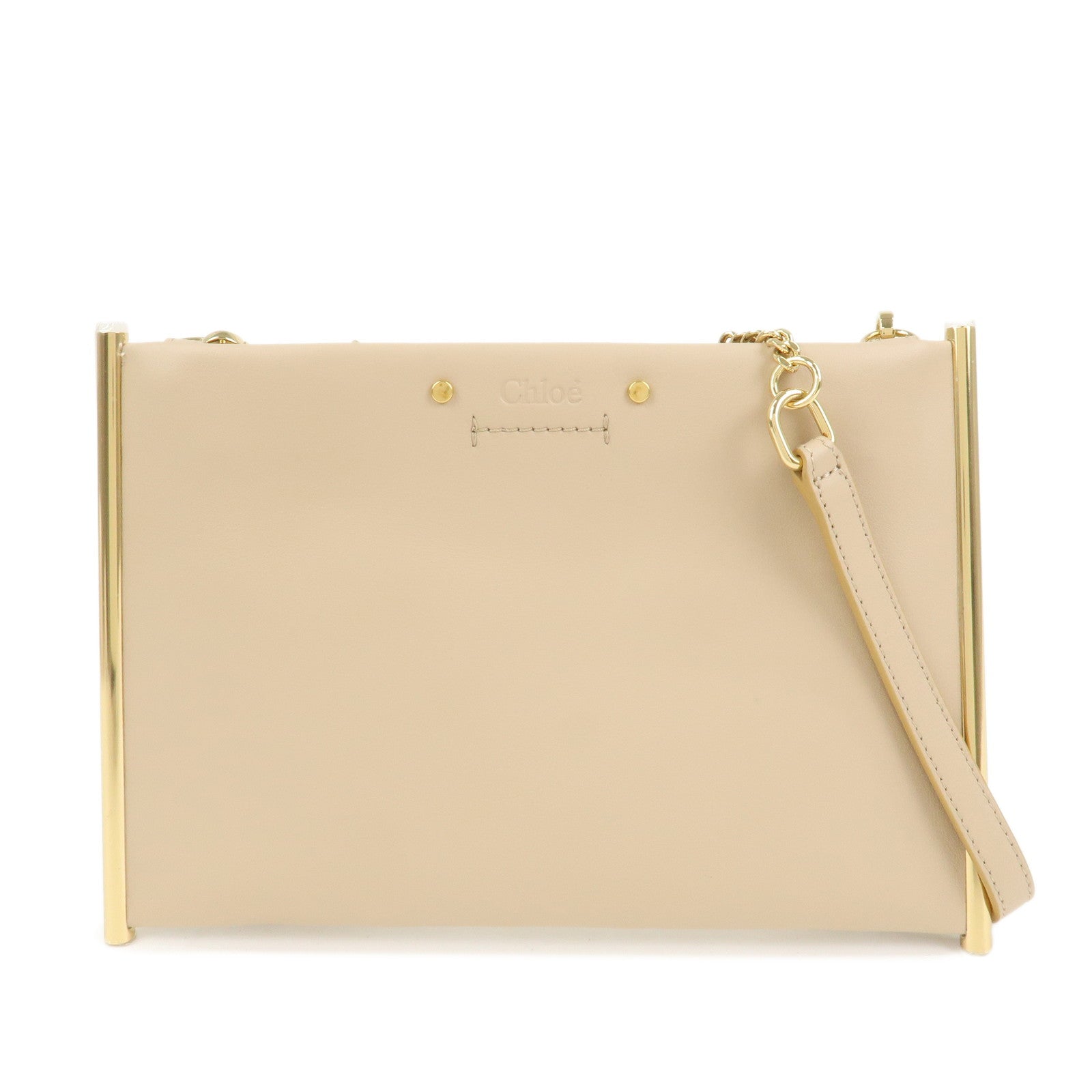 Chloe Roy Logo Leather Chain Shoulder Bag Clutch Bag Beige