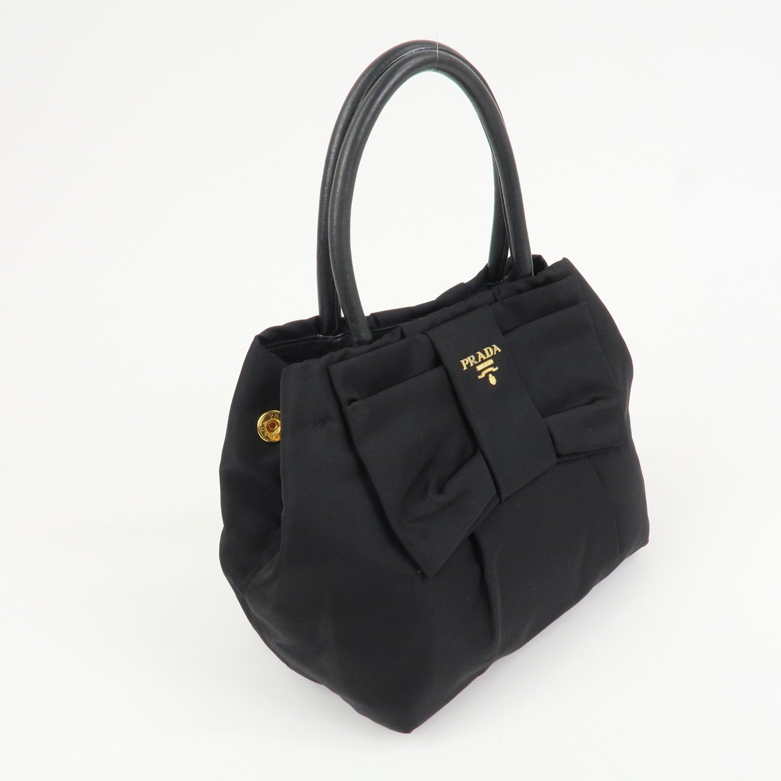 PRADA Nylon Leather Ribbon Hand Bag Tote Bag Black BN1601