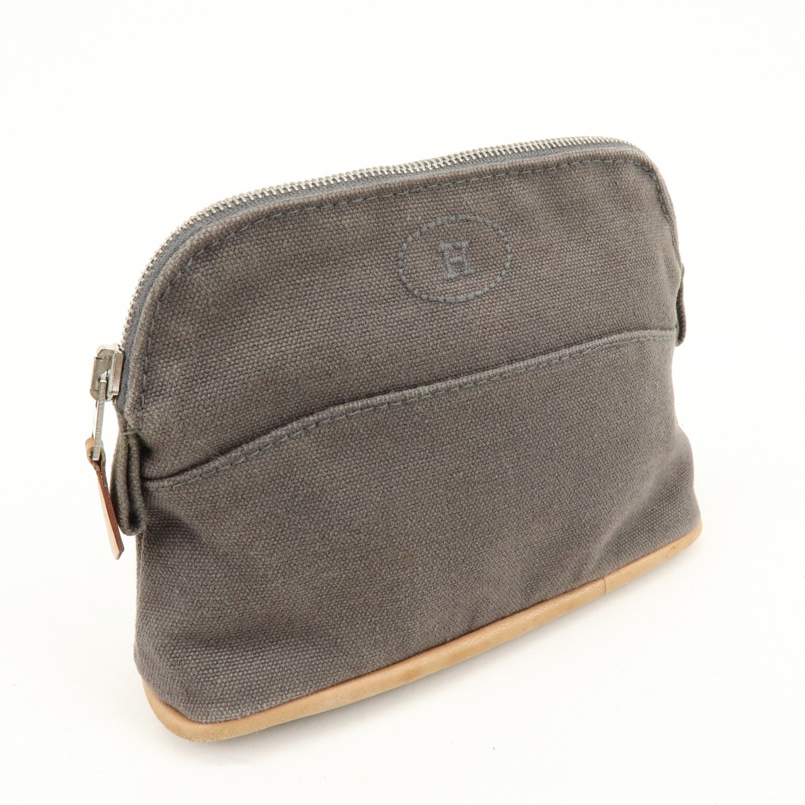 HERMES Bolide Mini Mini 16 Canvas Leather Pouch Gray Beige