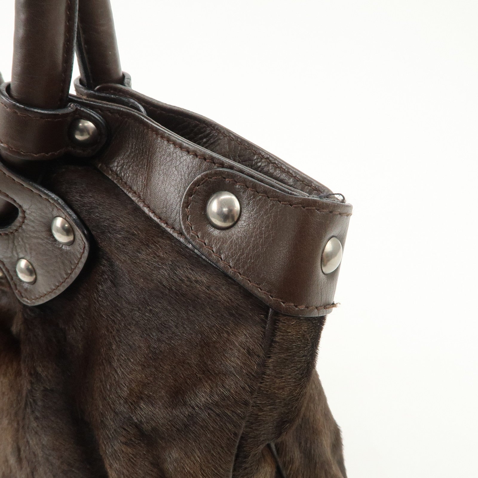 Ferragamo Gancini Unborn Calf Leather Hand Bag Dark Brown Used